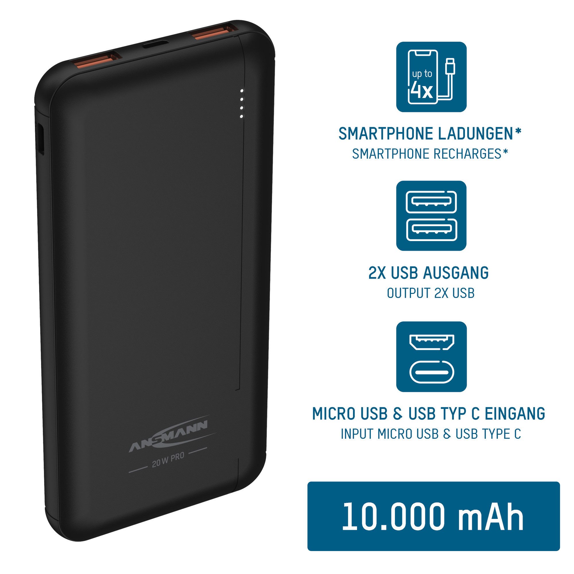 ANSMANN AG Powerbank 10000mAh Schnellladefunktion 20W, 2 USB & 1 USB Type-C Port Powerbank 10000 mAh (3.7 V)