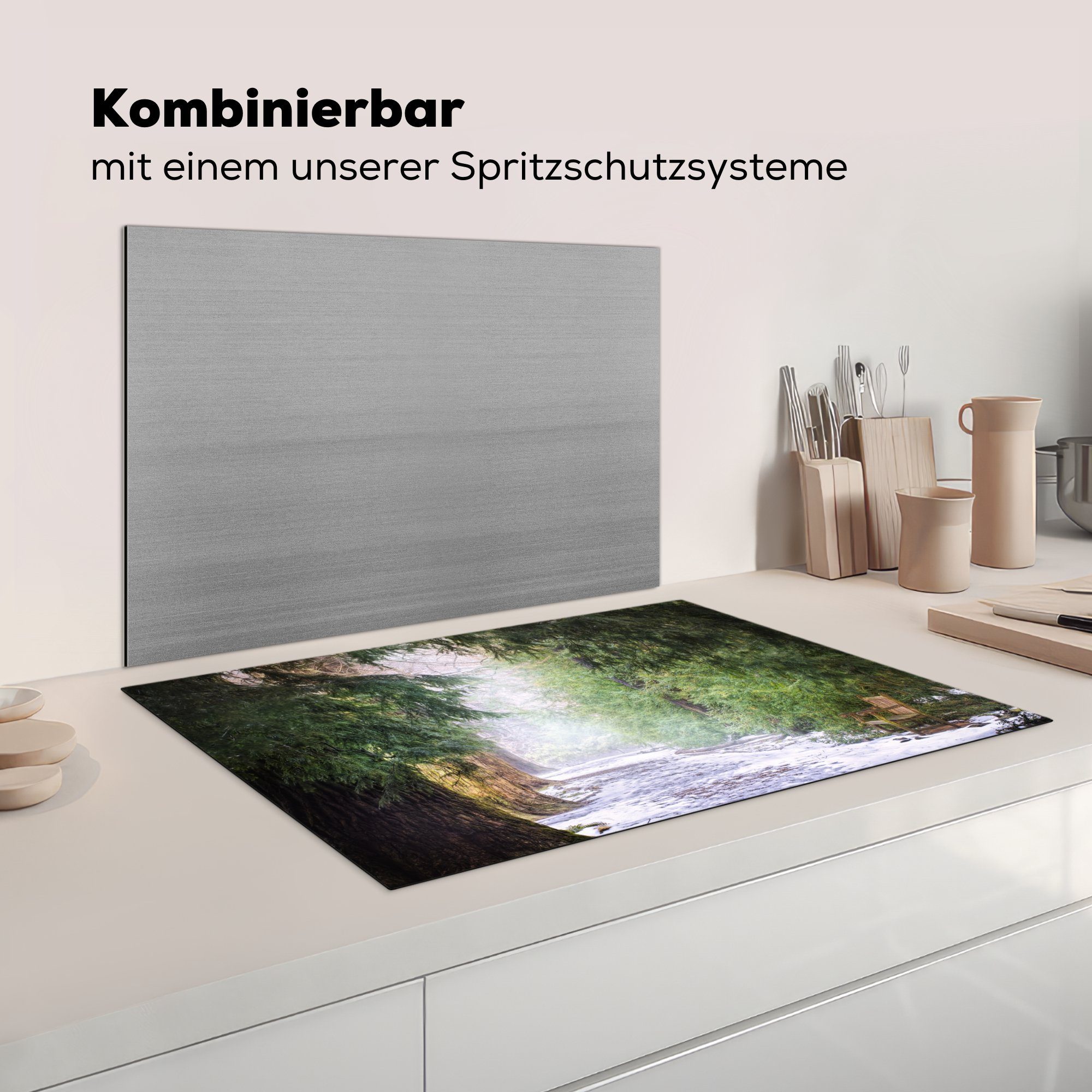 unter den Verschneiter 81x52 küche, tlg), Vinyl, Induktionskochfeld Bäumen, die MuchoWow cm, Ceranfeldabdeckung (1 Schutz Herdblende-/Abdeckplatte Weg für