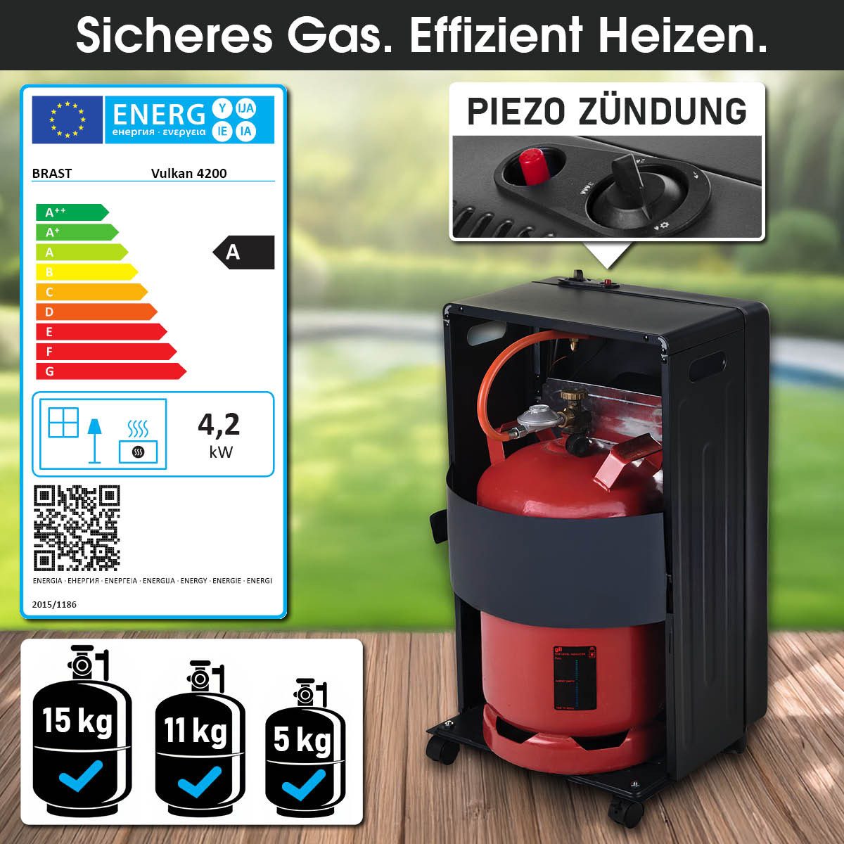 BRAST Heizstrahler Gasheizer Keramik Vulkan, 3 Heizstufen, Gasheizung Heizgerät, 4200 W, inkl. Schutzhülle Druckminderer mit Schlauch & Füllstandsanzeige