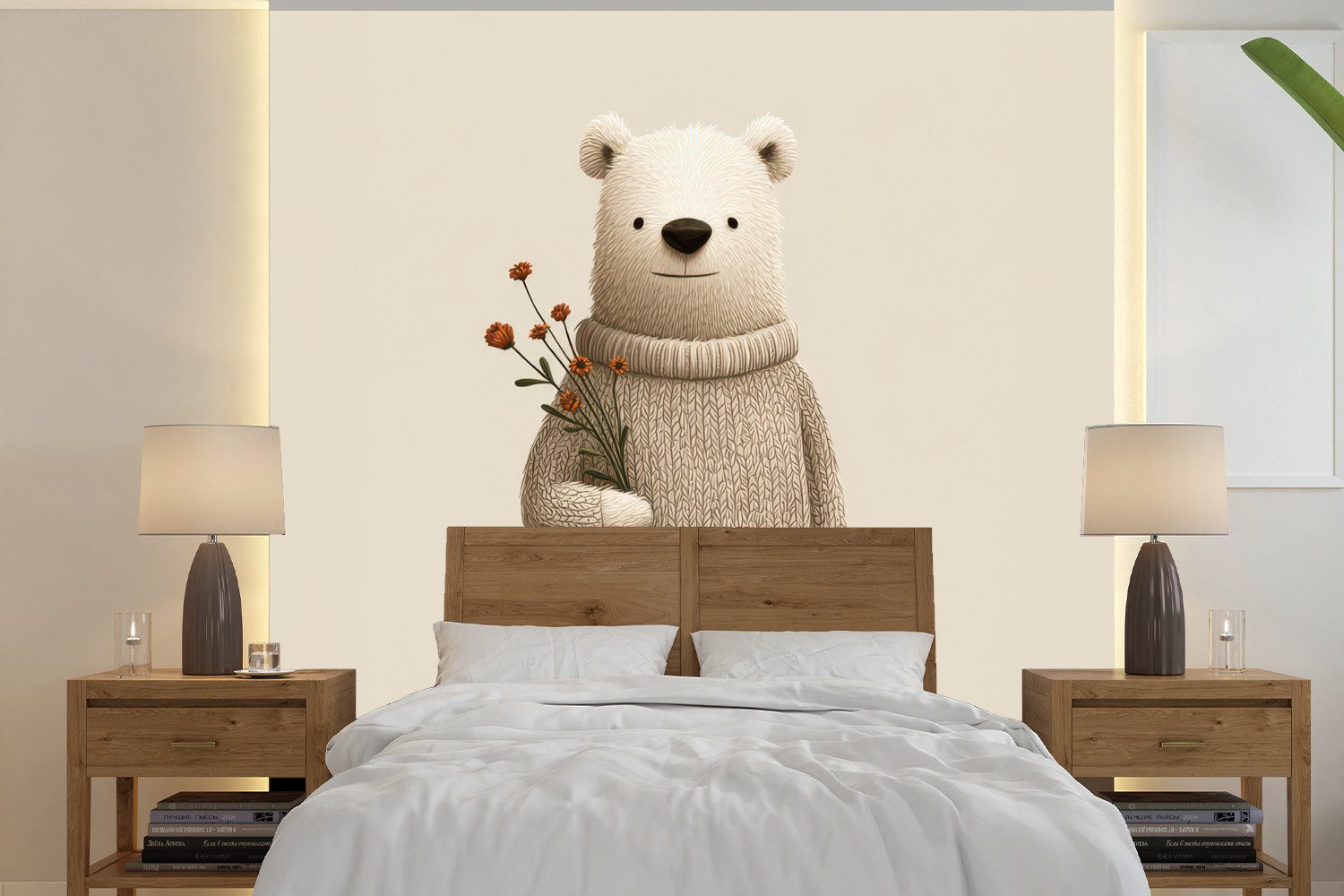 MuchoWow Fototapete Teddybär - Orangefarbene Blumen - Freundlich, Matt, bedruckt, Vliestapete für Wohnzimmer Schlafzimmer Küche, Fototapete, 220x220 cm