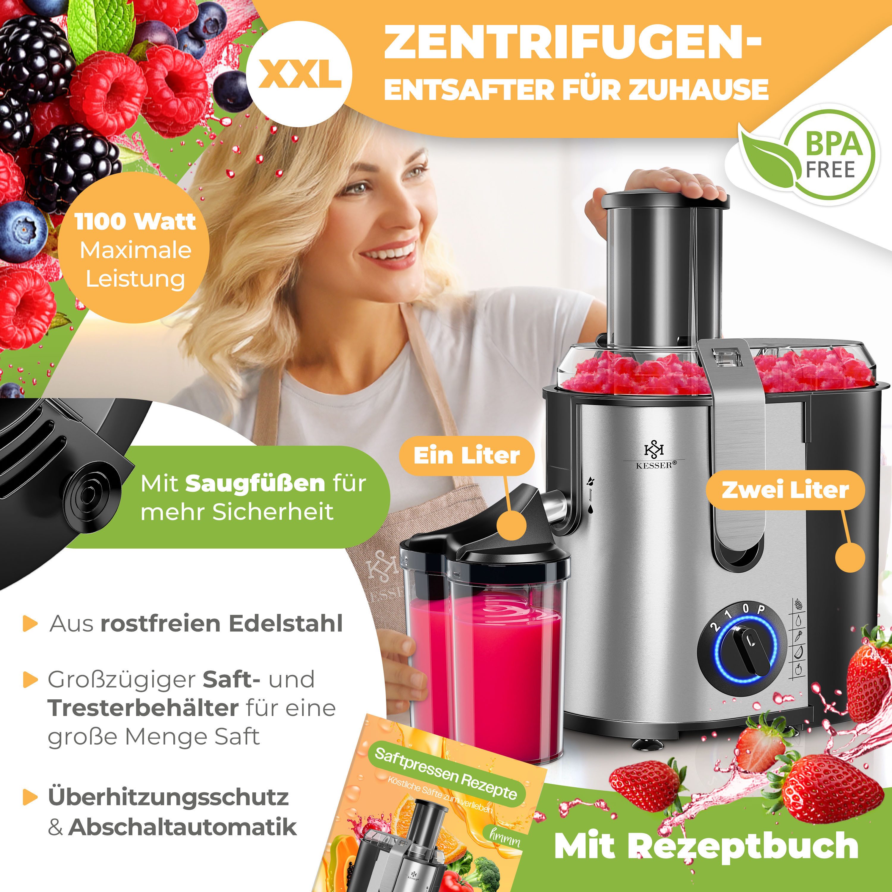 KESSER Entsafter, 1100 W, Entsafter für Obst und Gemüse aus Edelstahl 1100W