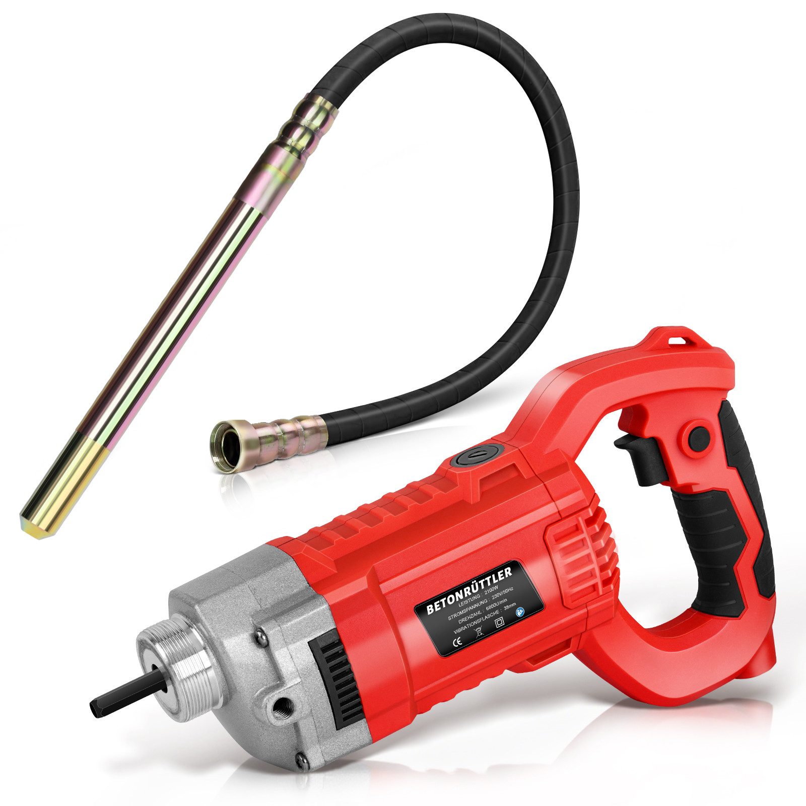 XERSEK Betonverdichter Elektro Betonrüttler 2100W Handrüttler mit Ø38mm Rüttelkopf 6800 U/min, (Selbstsperrschalter ABS-Lüftern 1.5-2m Vibrationskopf Bereich max.45cm), Betonverdichter, Innenrüttler Für Straßen Gießen, Mauer/Häuser Bauen