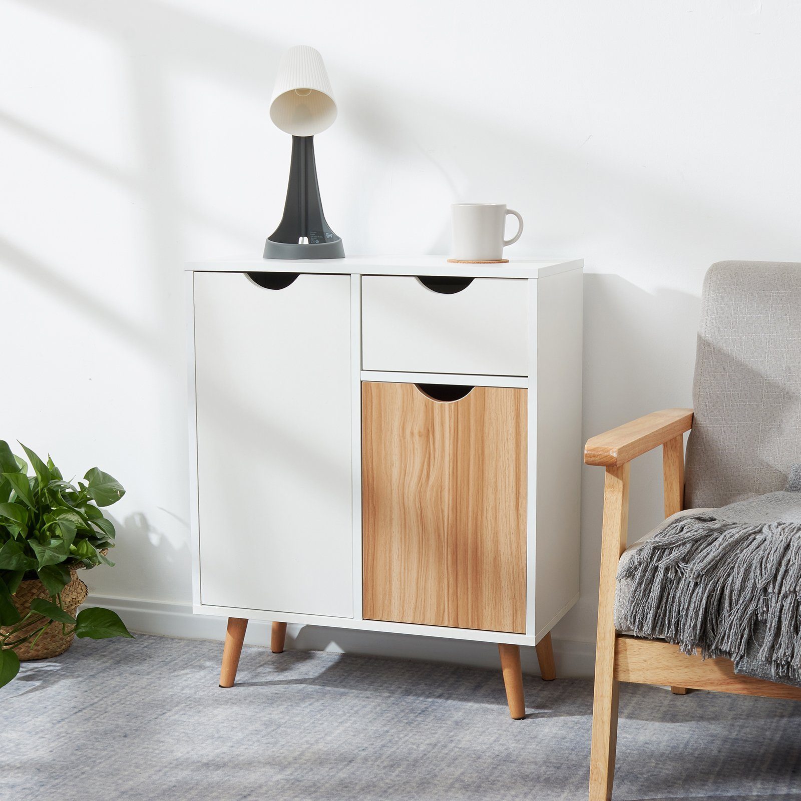 Mondeer Kommode Beistellschrank, Multifunktionale Möbel mit 1 Schublade und 2 Türen, Weiß + Eiche