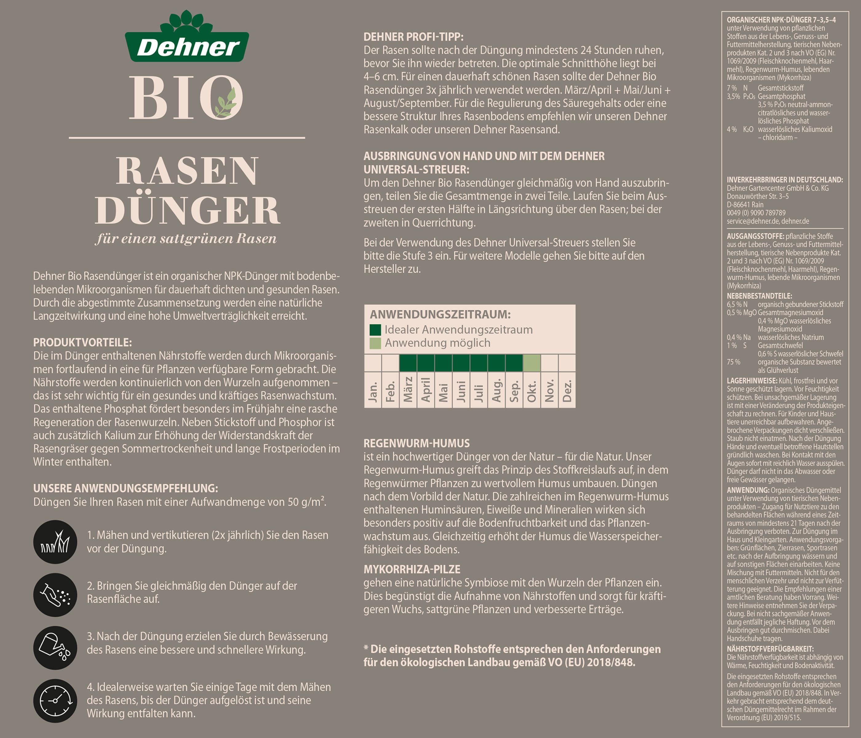 Dehner Rasendünger Bio Rasendünger Bio-Aktiv, natürliche Langzeitwirkung, 90 m², Aktivdünger mit bodenbelebenden Mikroorganismen