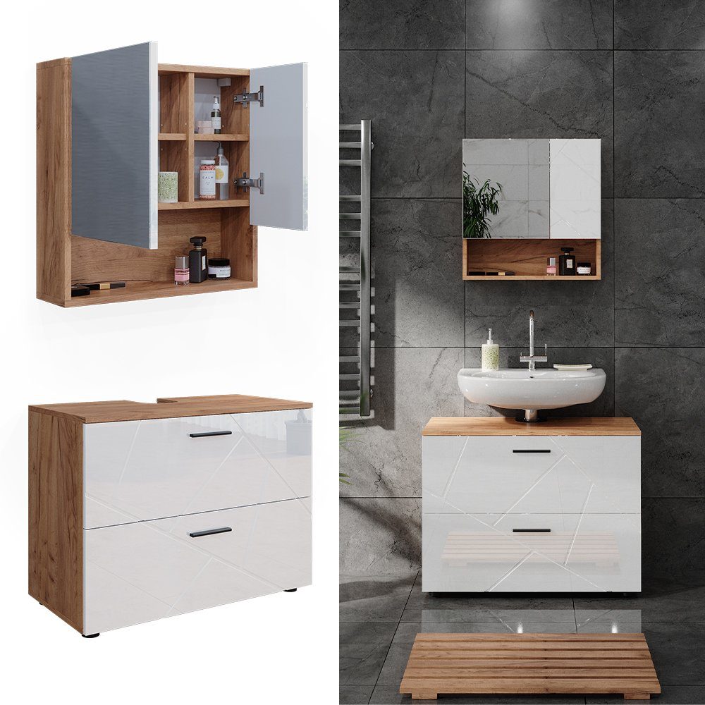 Vicco Badmöbel-Set Irma, Eiche/Weiß Hochglanz, 2 Teile, (2-St., 2-er Set) günstig online kaufen