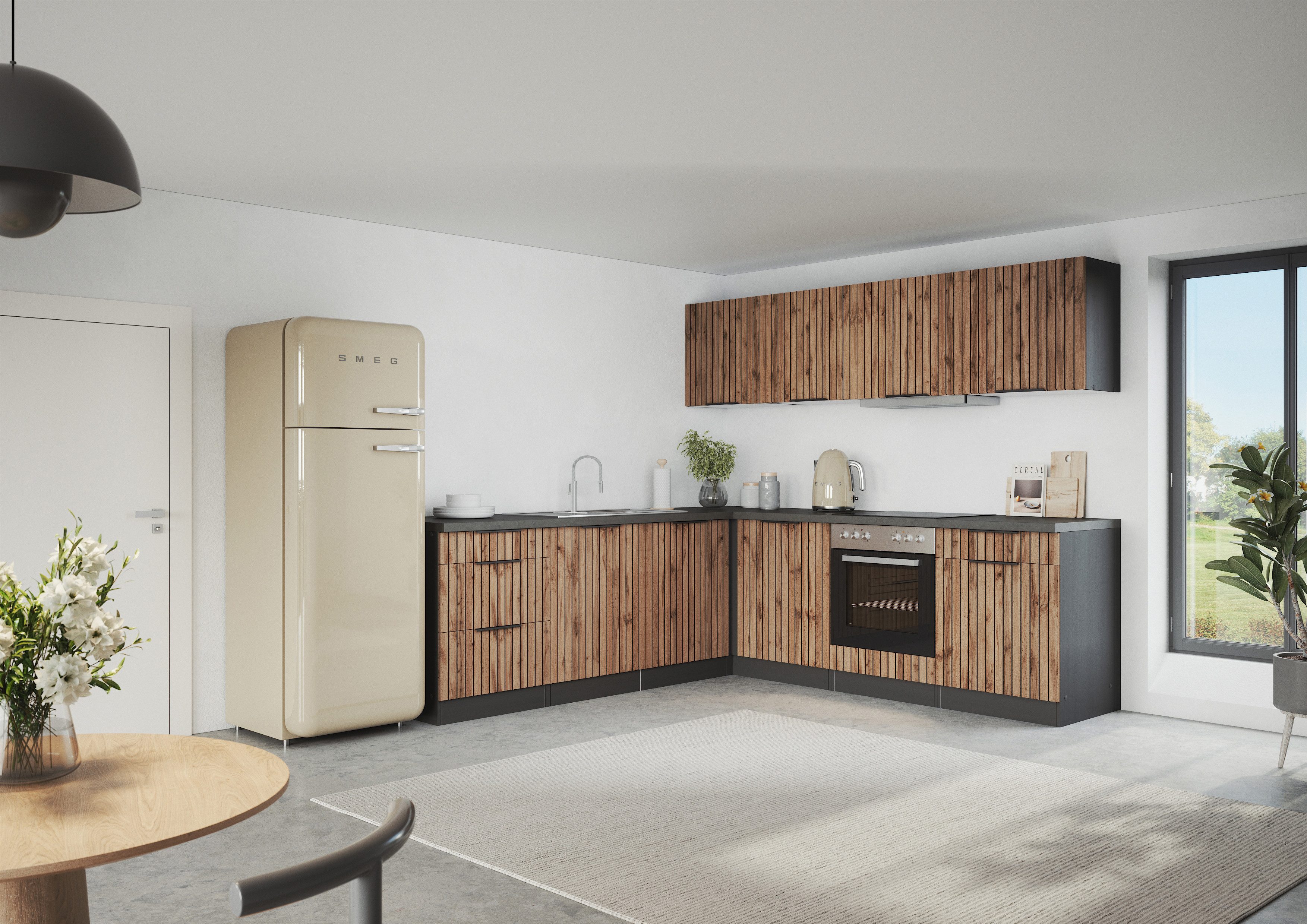 KOCHSTATION Winkelküche KS-Lagos, Stellbreite 240/240 cm, wahlweise mit E-Geräten und Spüle edelstahl oder schwarz