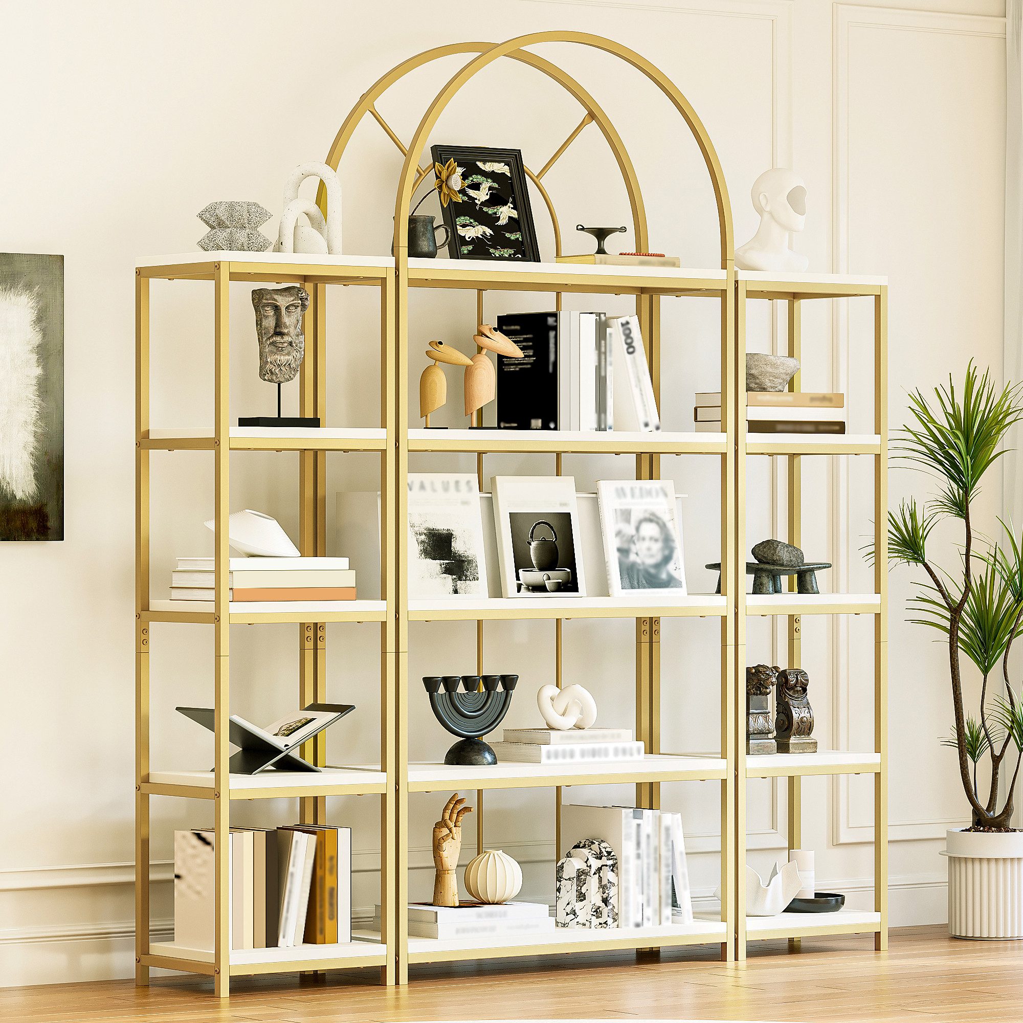 Flieks Bücherregal mit Gold-Metallrahmen & weißen MDF-Böden, 163×30×184 cm 3-tlg., Standregal mit 5 Ebenen Lagerregal Hochschrank Bogen-Design