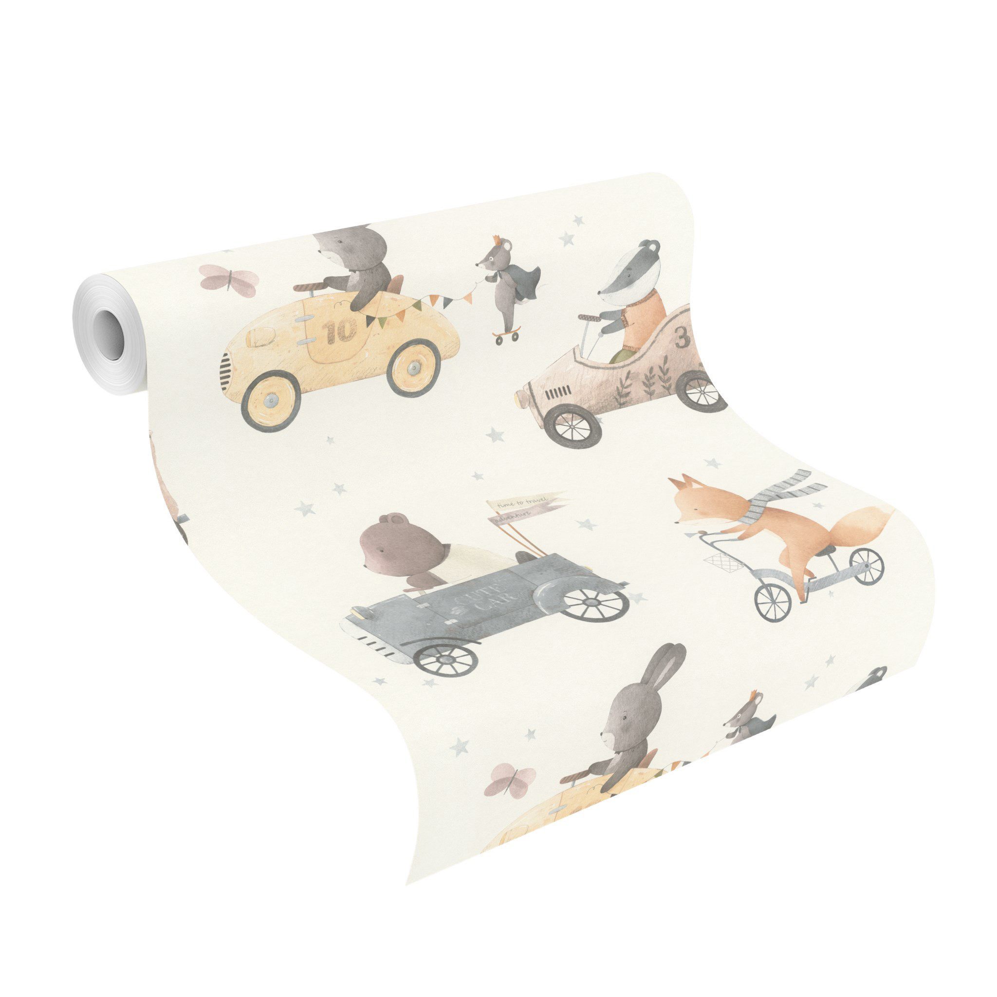 Rasch Vliestapete 301878 - Kinderzimmer-Tapete mit Tieren in Rennautos, strukturiert, gemustert, (1 St), Fahrzeuge, Seifenkistenrennen