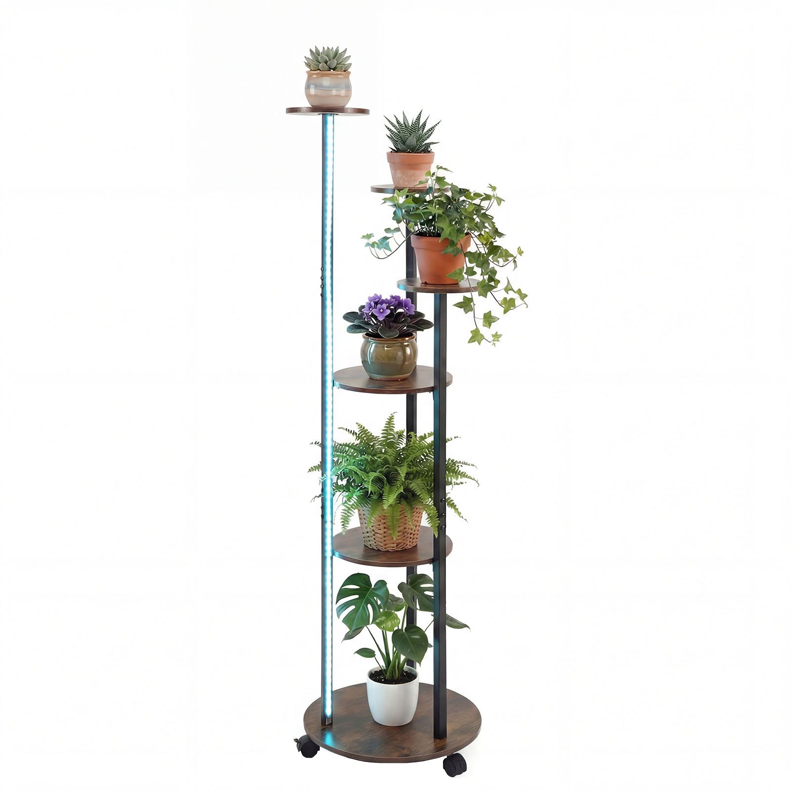 COSTWAY Blumenständer, 6-stufiges Pflanzenständer mit LED-Beleuchtung & Rollen