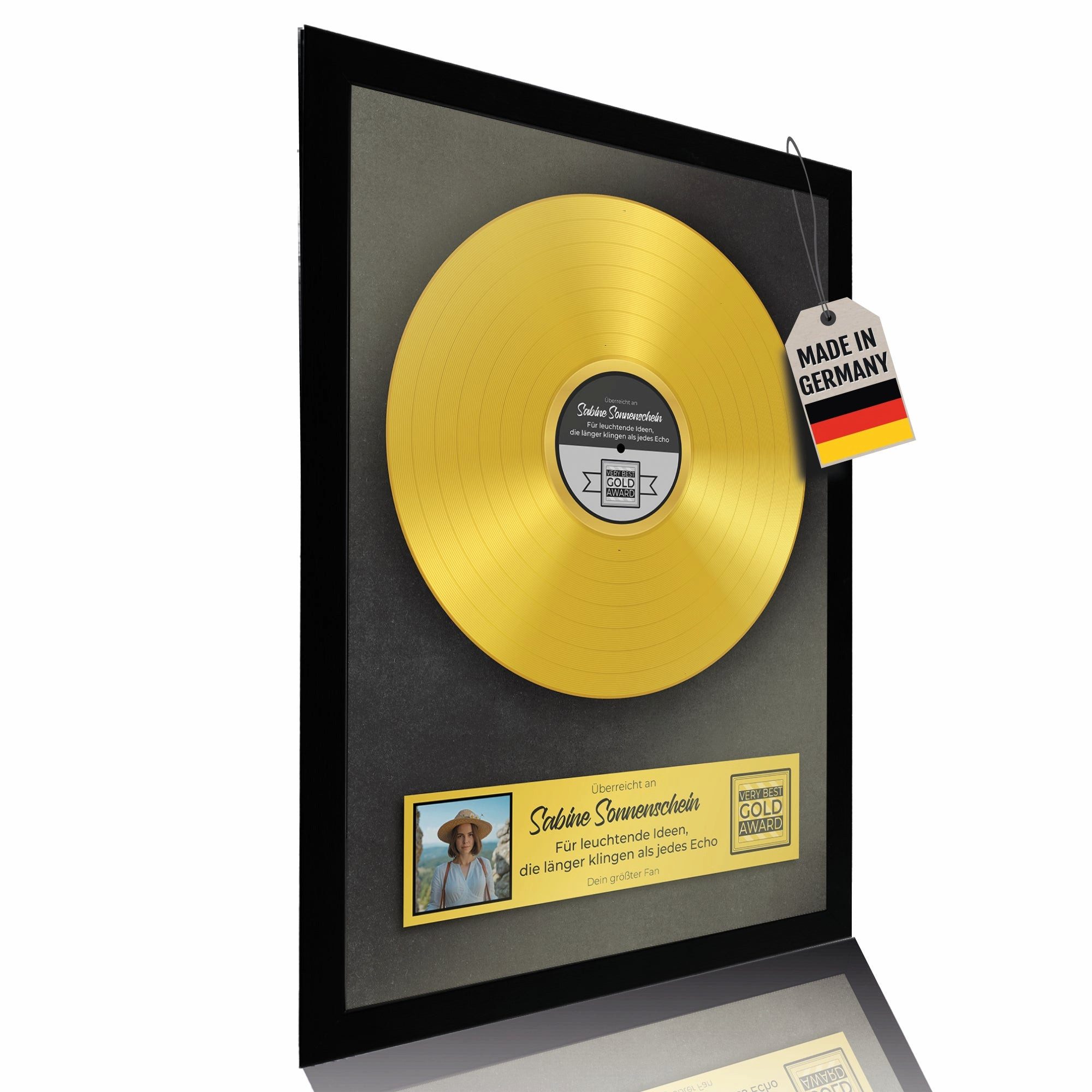 Lineo Poster Personalisierte Goldene Schallplatte mit Foto & Name, Golden Award Schallplatte (Individuelles Poster mit eigenem Foto & Text), Musik Geschenk zu Hochzeit, Jubiläum & Geburtstag