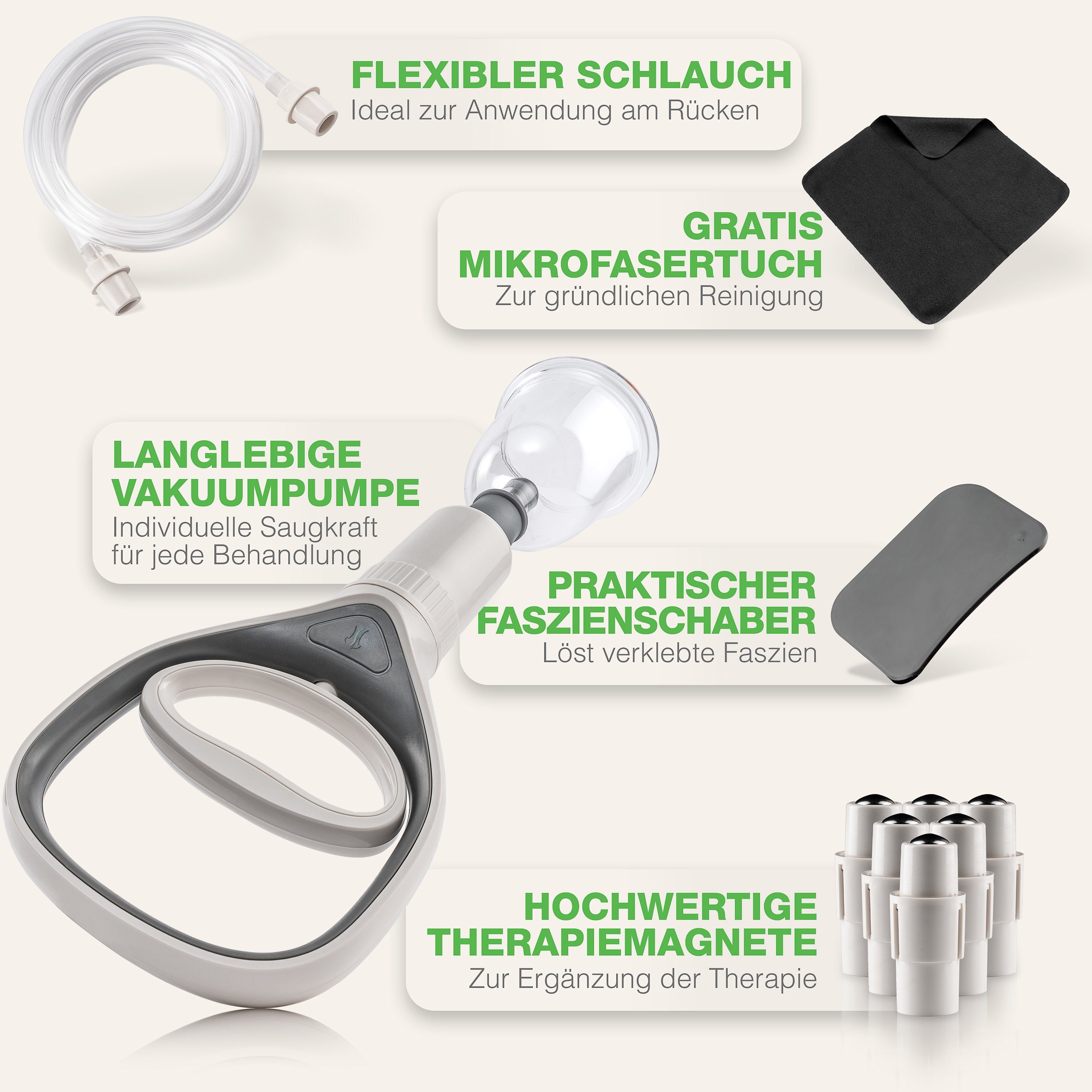 BACKLAxx® Vakuum-Massager Schröpfgläser Set mit Vakuumpumpe - Hochwertiges Schröpfset, 24x Glocken, 6x Therapiemagnete, 1x Vakuumpumpe, 1x Faszienschaber, 1x Schlauch, 1x Mikrofasertuch 24-tlg., Cupping Set, Dickwandige Gläser - inkl. Videokurs & E-Book