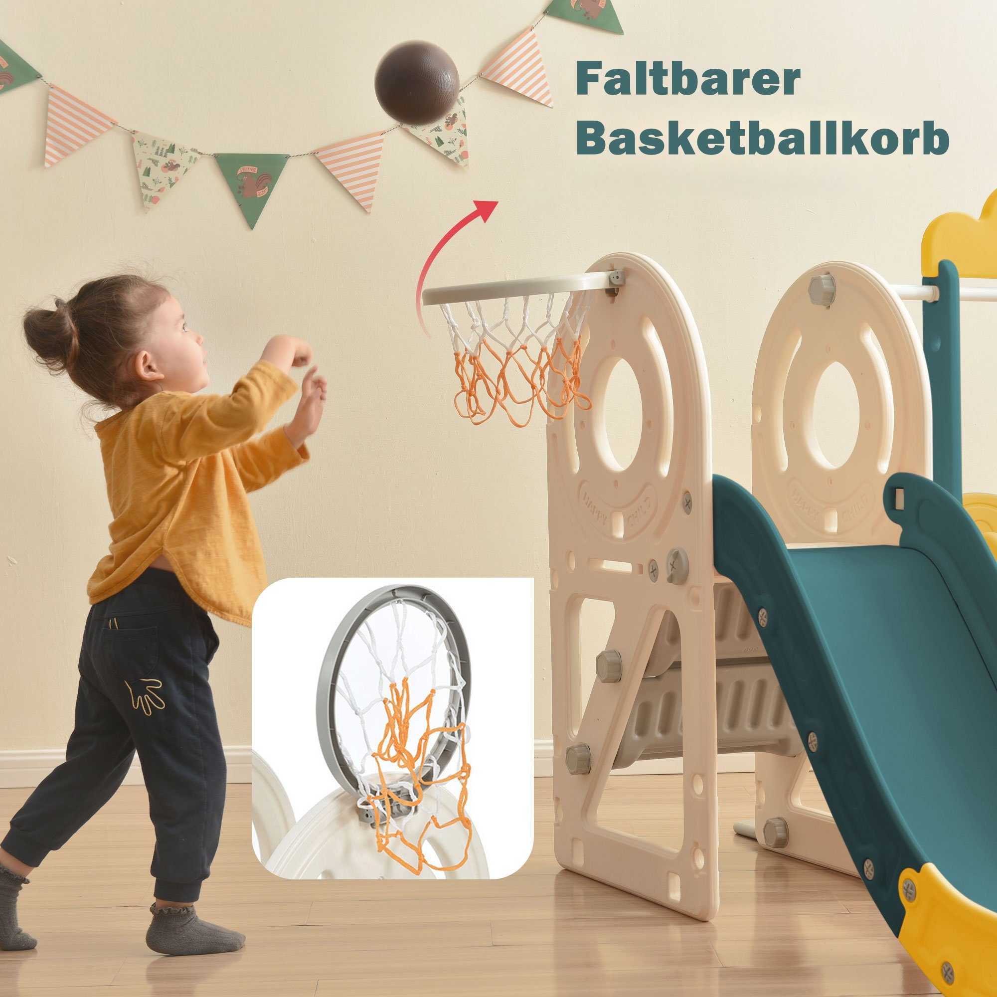 BlingBin Indoor-Rutsche 4-in-1-Kinderrutsche, (1-tlg., Für Bus, in Rutsche, Basketballkorb, passendem Basketball Verwendung Innenräumen), die Aktivitätsleiter, Grün