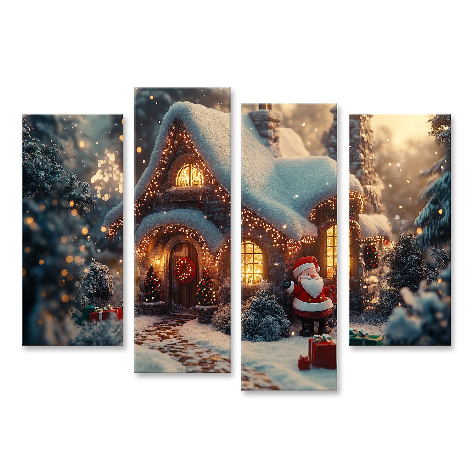 islandburner Leinwandbild Weihnachtshaus im verschneiten Wald mit Santa Claus