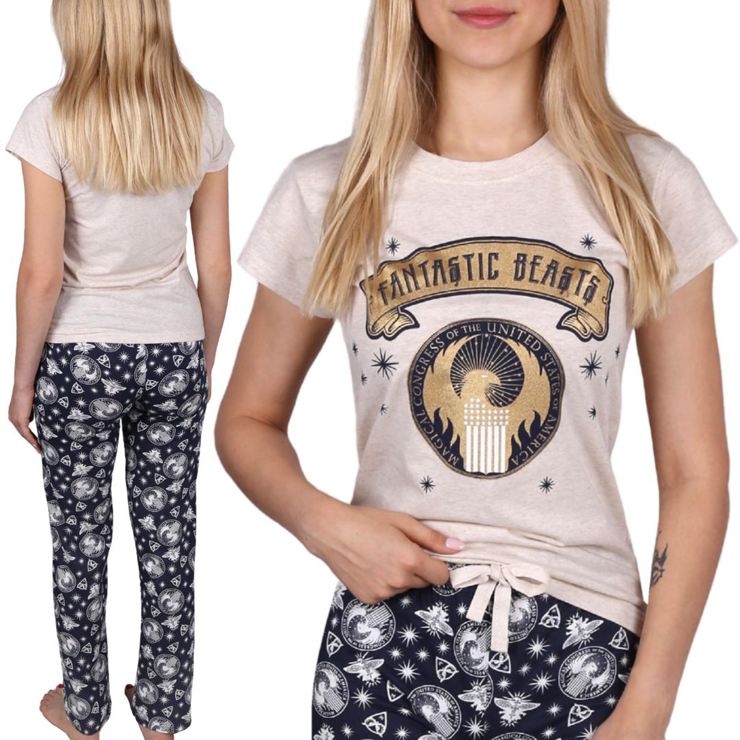Fantastic Beasts Pyjama Fantastic Beasts Damen Pyjama, kurzärmelig, beige-dunkelblau
