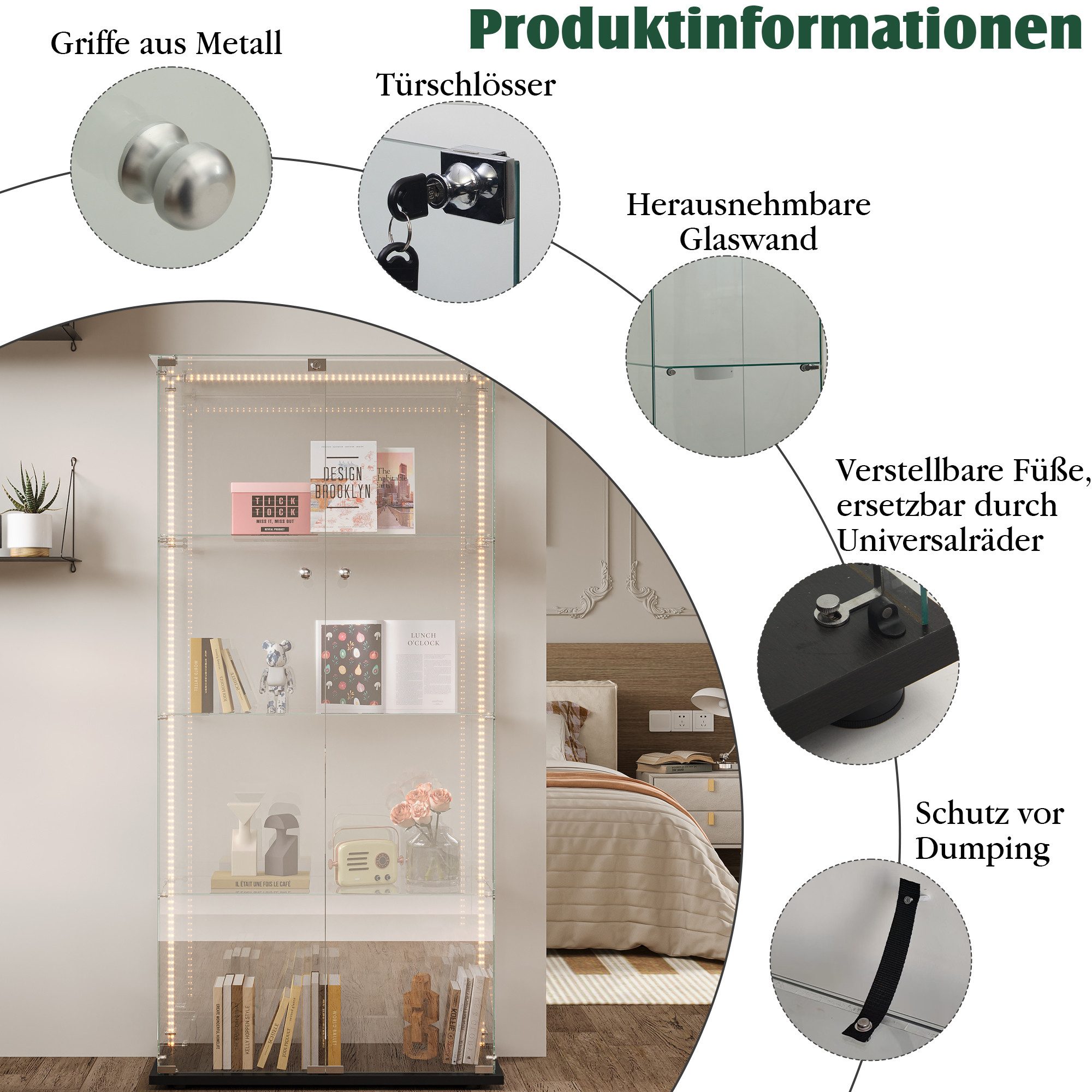 Simurq Glasvitrine Standvitrine mit LED und 2 Glastüren, Vitrinenschrank Glas (4 Ebenen(78,5x35x163 cm), 5 Ebenen(78,5x34,5x186,5 cm), Glasschrank mit 2 Türen,S – Bild 4 von 5
