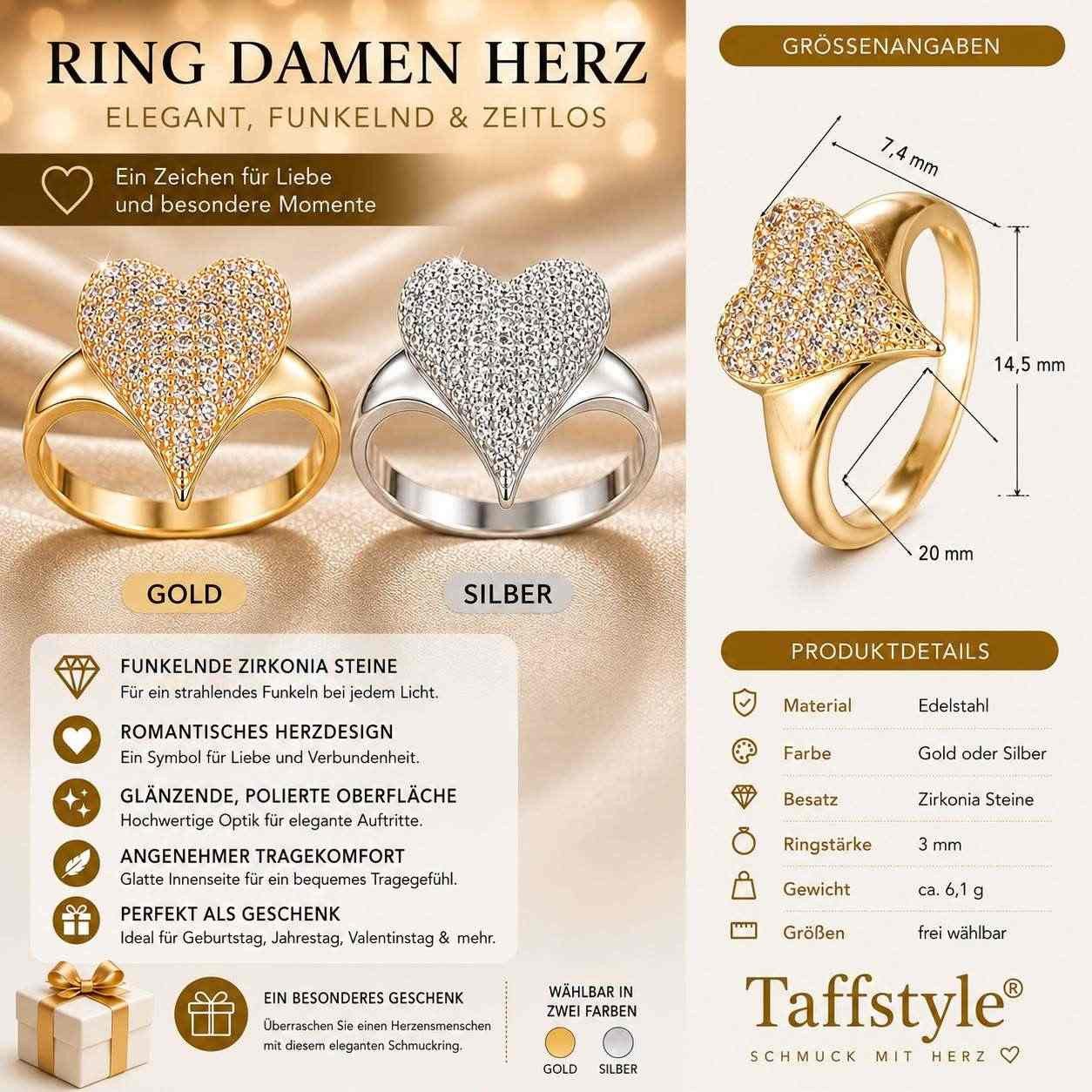 Taffstyle Fingerring Damen Ring Herz mit Kristallen Edelstahl Herzring Schmuck Fingerring (Damenring mit funkelnden Zirkonia Steinen romantisches Herz Design), Verlobungsring oder perfektes Geschenk für Damen