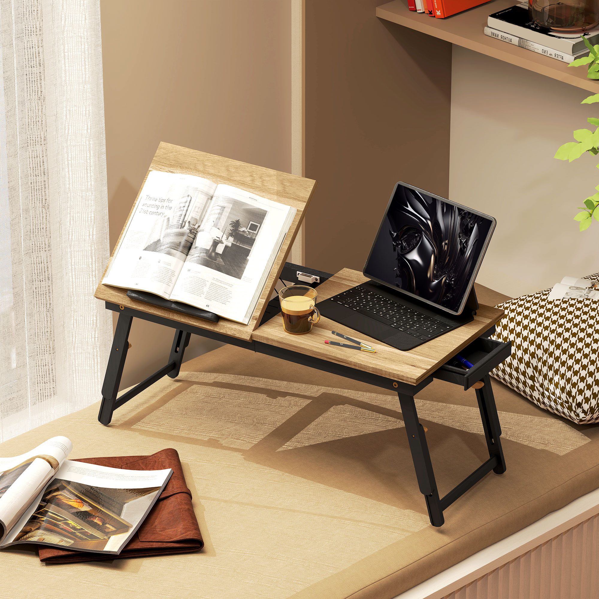 HOMCOM Monitor-Halterung Lapdesk Laptopständer für Sofa, Bett, Studieren, Essen, Eiche, (bis 17 Zoll, Laptoptisch, 1-tlg., Betttisch, Höhenverstellbar und neigbar, faltbar, mit Schublade)