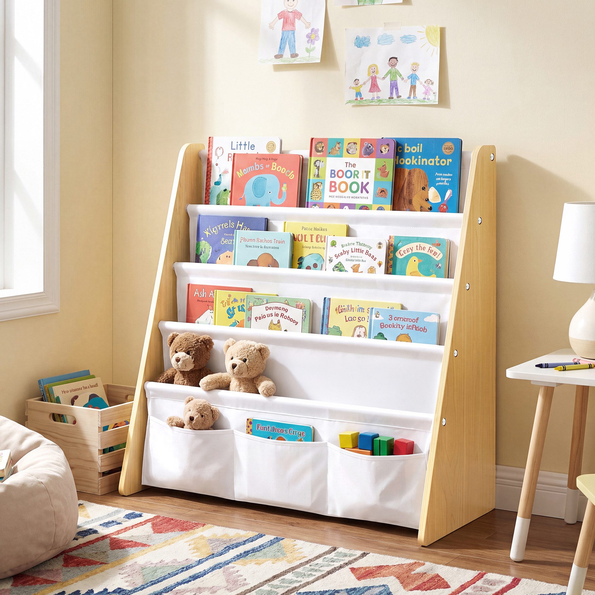 SONGMICS Spielzeugtruhe Kinderregal Bücherregal für Kinderzimmer, mit 4 Ebenen Sicher und Stabil 62,4 x 25 x 60 cm