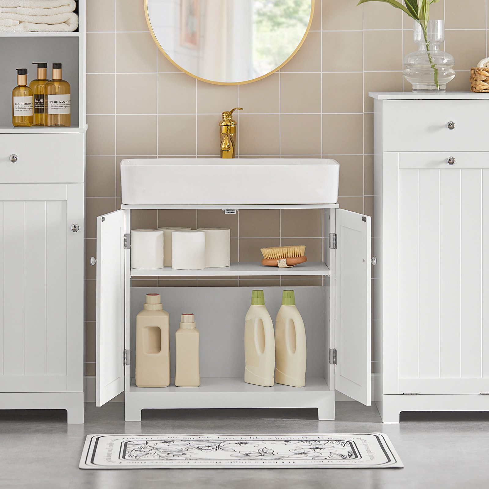 SoBuy Waschbeckenunterschrank BZR18, Waschtischunterschrank Badezimmerschrank Badschrank Badmöbel Unterschrank Badezimmer, mit 2 Türen, verstellbare Ablage, 2 Fächer