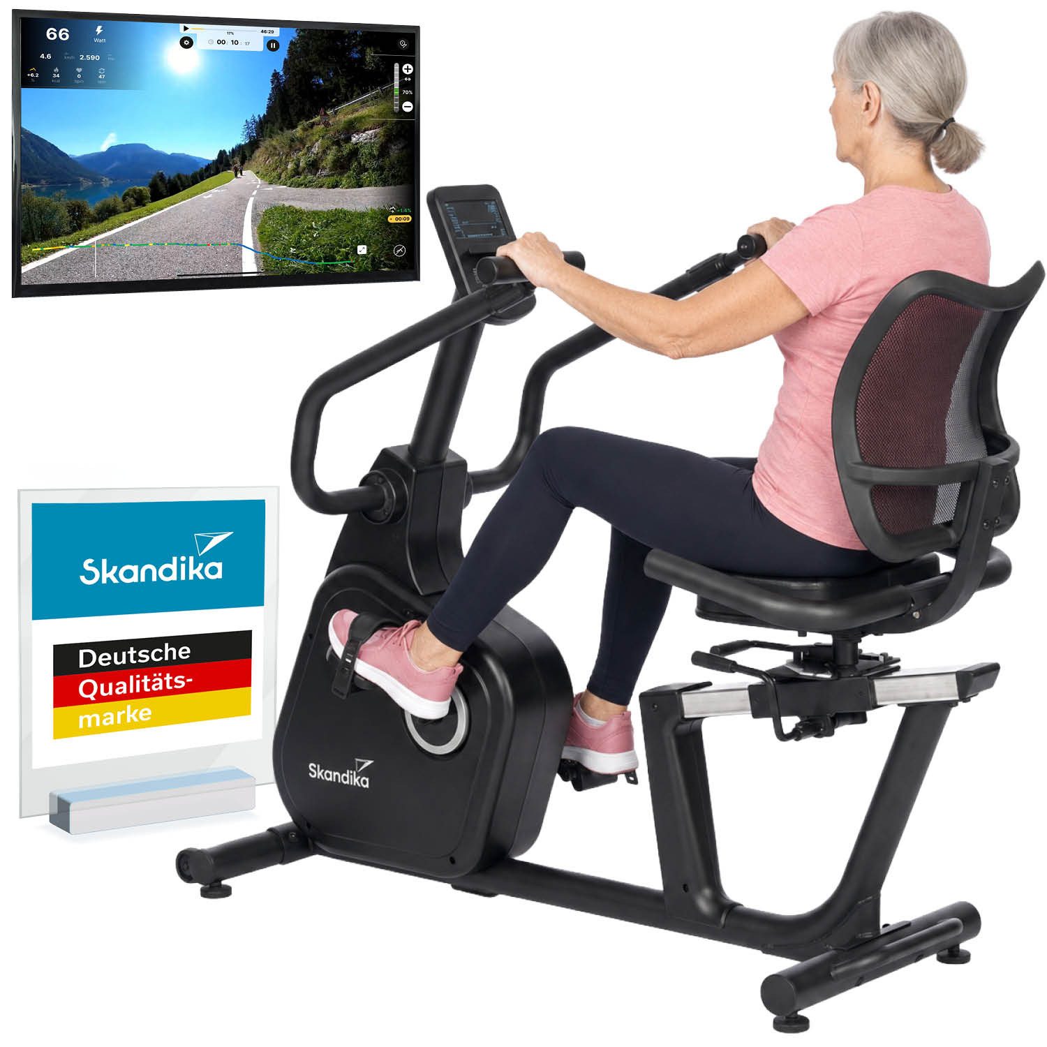 Skandika Heimtrainer Cykling P12 Comfor, Liege-Ergometer, mit drehbarem Sitz, Computer (Fitnessbike für Senioren, bis 120 kg, Bluetooth, App-Verbindung), Kinomap, Maße 149 × 86 × 114 cm, Transportrollen, Handpulssensoren