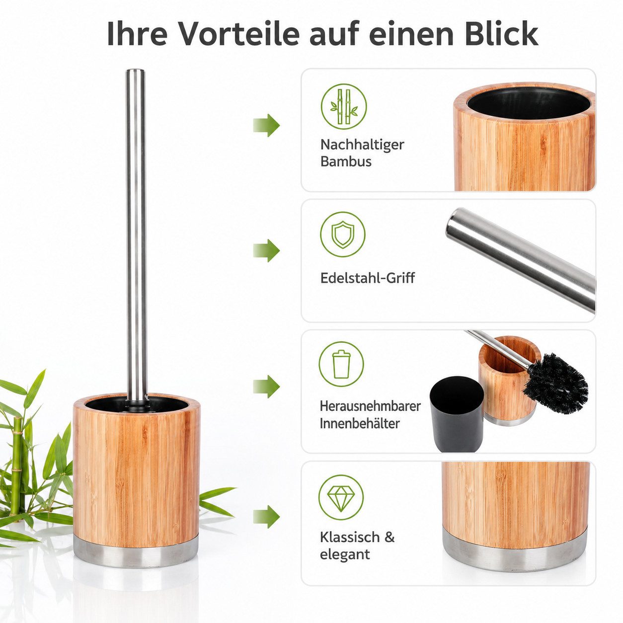 Testrut WC-Garnitur BONJA WC-Garnitur Bambus Edelstahl Toilettenbürste