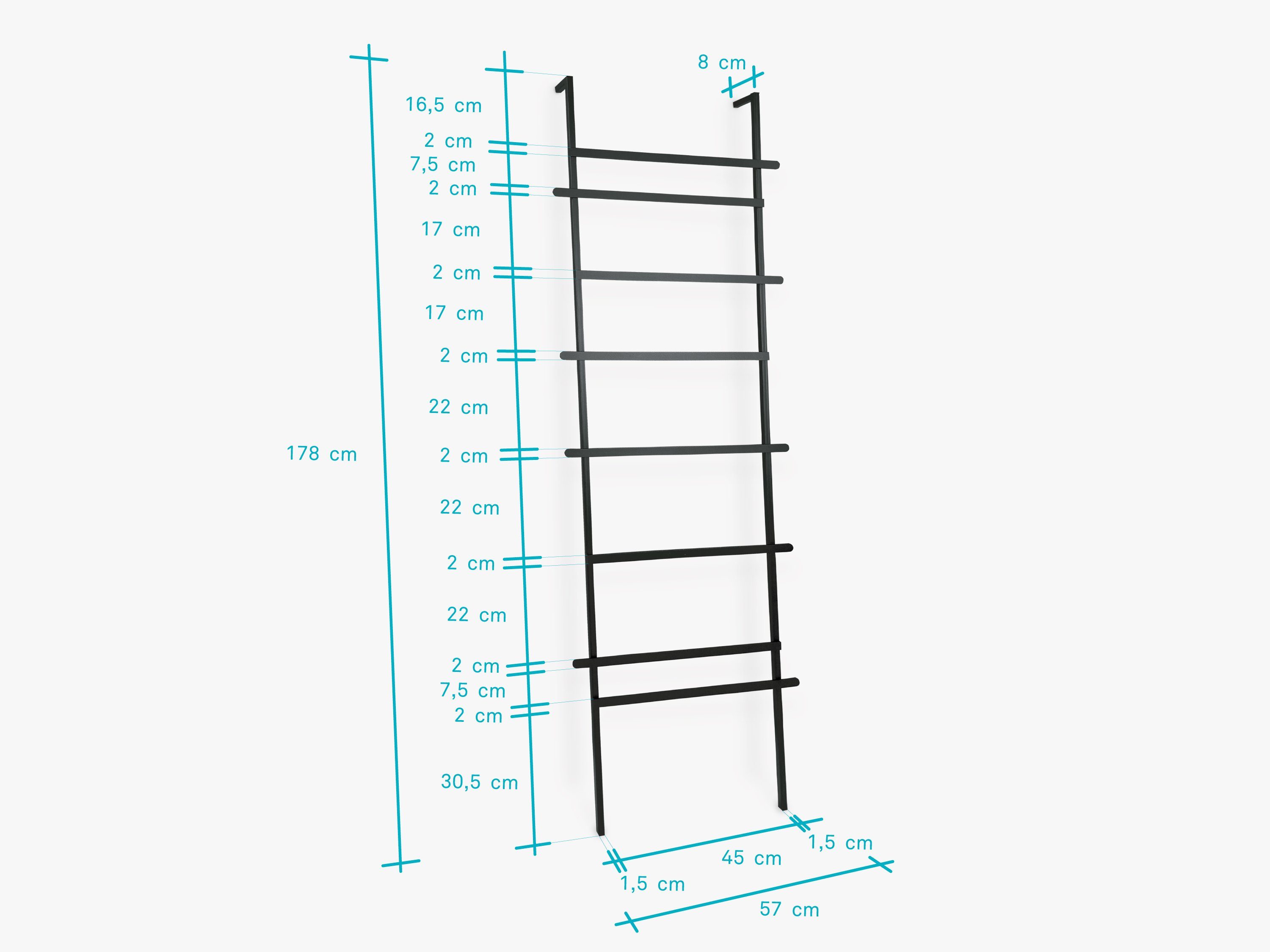 kommod Handtuchleiter WALMA, Kleiderleiter, Kleiderständer, Stummer Diener,  Lehngarderobe, Dekoleiter, Anlehnleiter, Handtuchleiter – 178,5 x 57 x 8,5  cm – Metall pulverbeschichtet schwarz