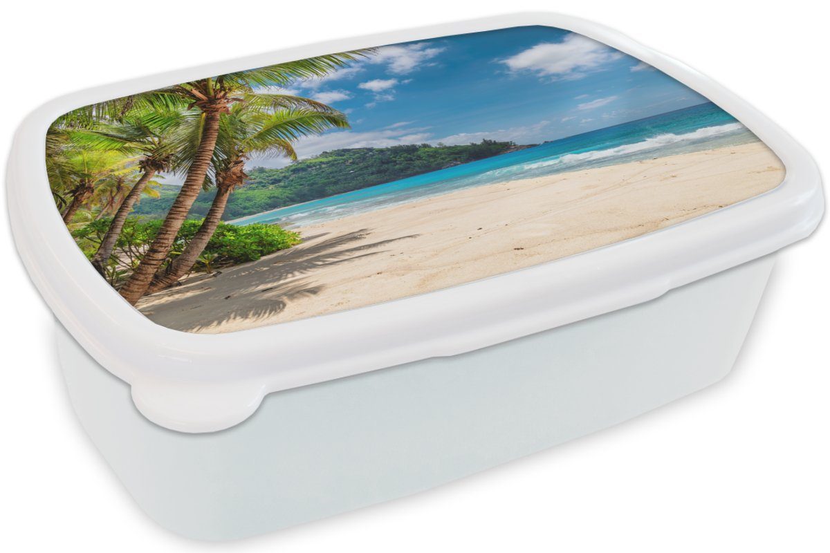 MuchoWow Lunchbox und Brotbox für und - - Kunststoff, Mädchen Jungs Urlaub, Meer Kinder Erwachsene, Strand weiß (2-tlg), für Insel Brotdose, 