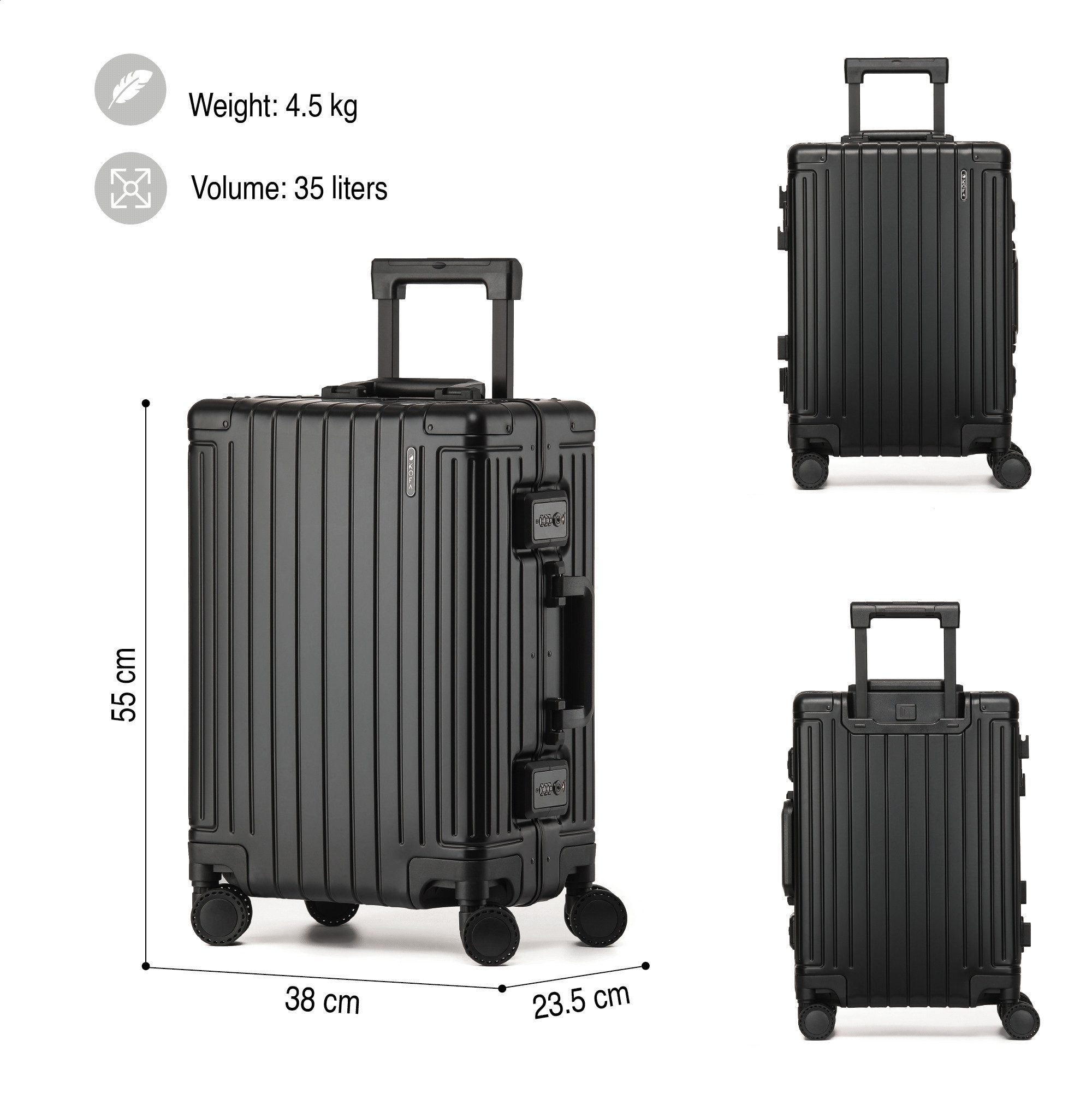 KOFA Handgepäckkoffer GENEVA, 55cm 100% Aluminium Hartschale, 4 Rollen, TSA Schloss