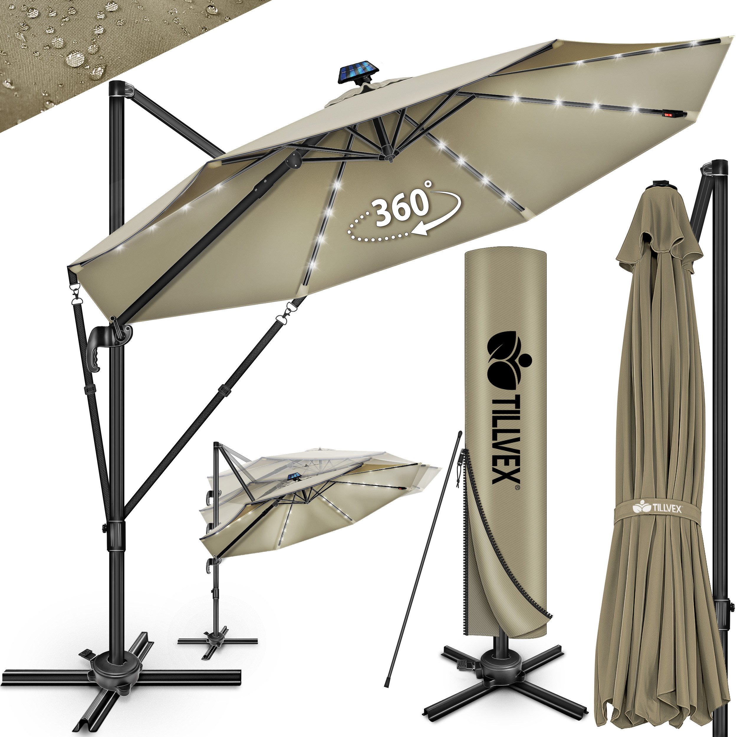 tillvex Sonnenschirm tillvex® LED Premium Alu Sonnenschirm 330 cm + Abdeckung & Windsicheru, Premium-Series, inkl. Regenabdeckung, Ampelschirm 6-fach Verstellbar mit Kurbel