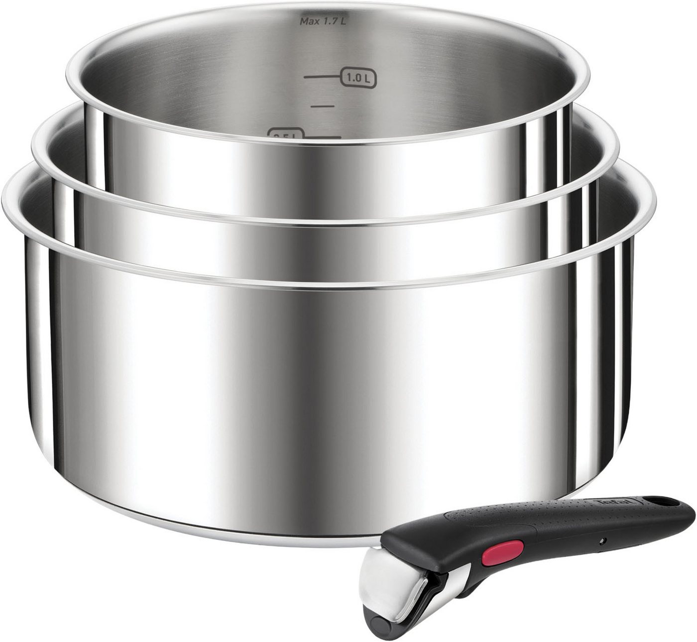 Tefal Topf-Set Ingenio Preference, Topfset Induktion, abnehmbarer Griff, platzsparend, Edelstahl (Set, 4-tlg., 3x Stielkasserollen Ø 16/18/20 cm, 1x abnehmbarer Griff), stapelbar, hochwertiger Edelstahl, für alle Herdarten geeignet, L898S4