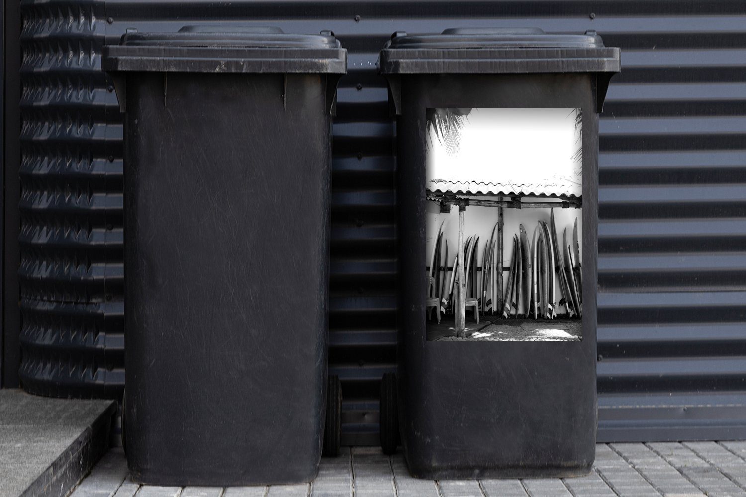Mülleimer-aufkleber, Abfalbehälter mit Surfbrettern von Mülltonne, schwarz (1 Foto und MuchoWow Ein Dutzenden weiß St), Sticker, - Wandsticker Container,