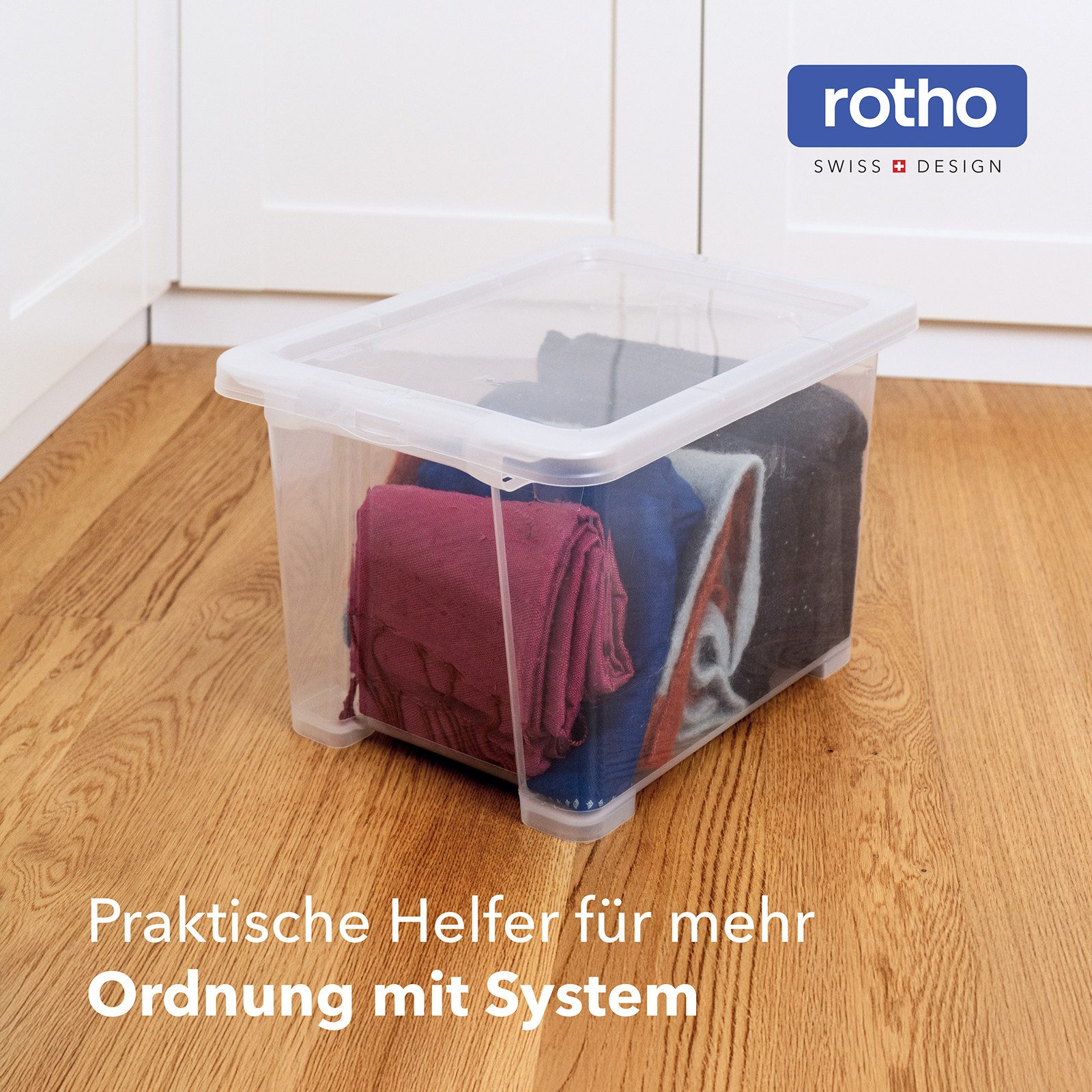 ROTHO Aufbewahrungsbox 4er-Set CORE BASIC 15L stapelbar transparente Box mit Deckel (Sichtboxen-Set, 4er-Set), Lagerbox ideal für Spielzeug, Bastelmaterial und Dokumente