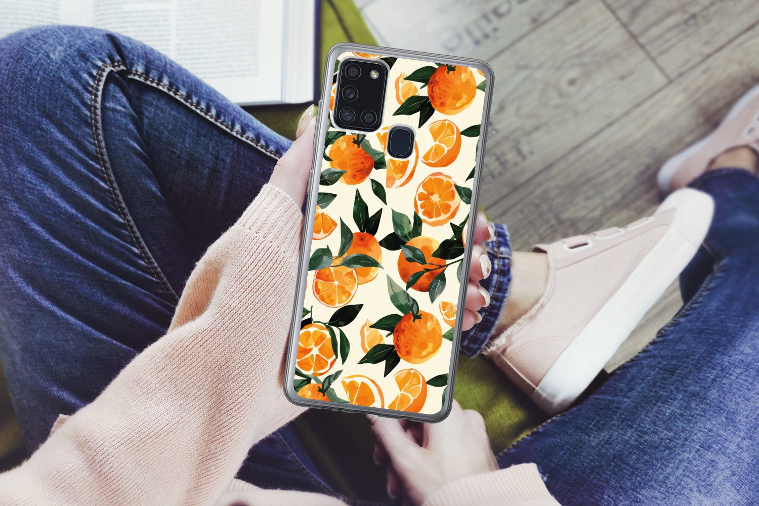 MuchoWow Handyhülle für Samsung Galaxy A21s Orangen - Früchte - Blätter - Orange - Grün -, Smartphone-Bumper, Print, Handy Schutzhülle Dünn