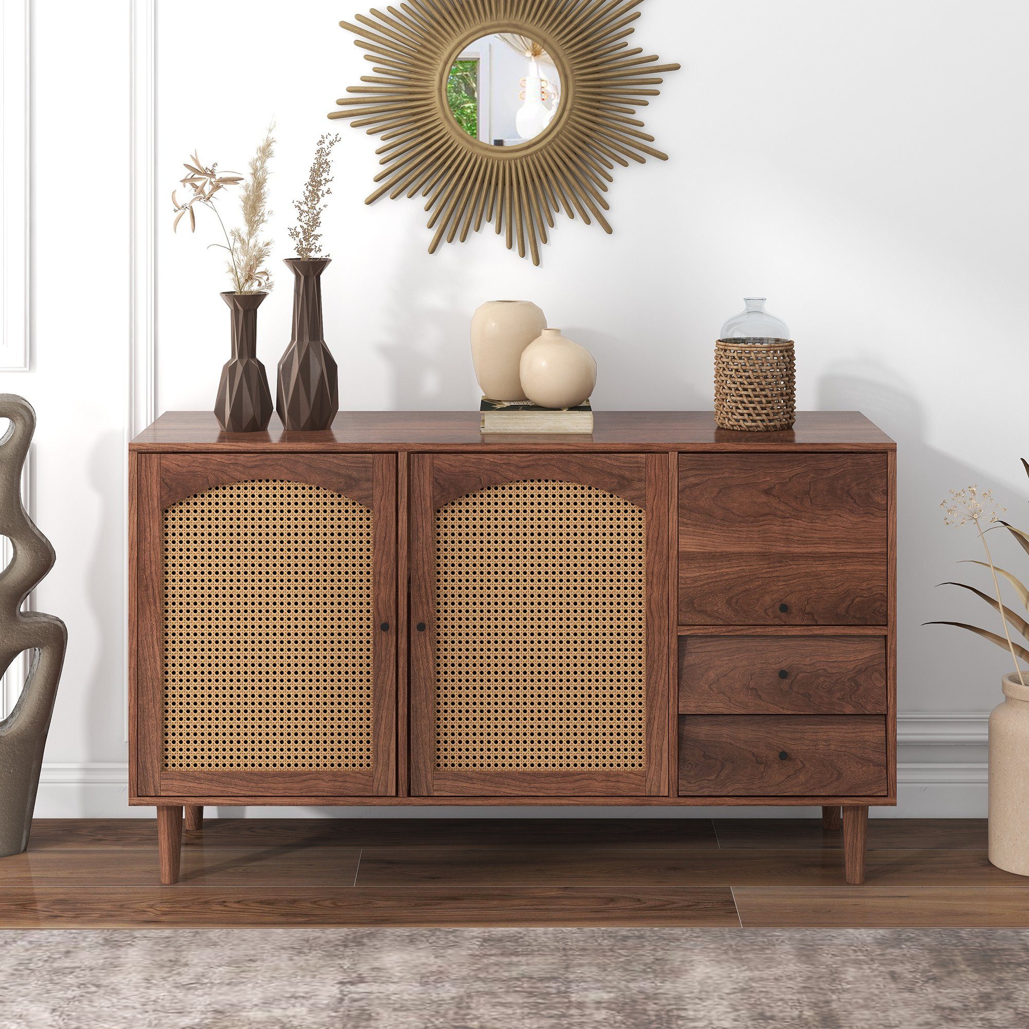 Merax Sideboard Buffet Rattan mit 3 Двері und 2 Висувні ящики, Antik,Landhaus Stil, Kommode aus Holz und Rattan, B/H/T:130/76/41 cm