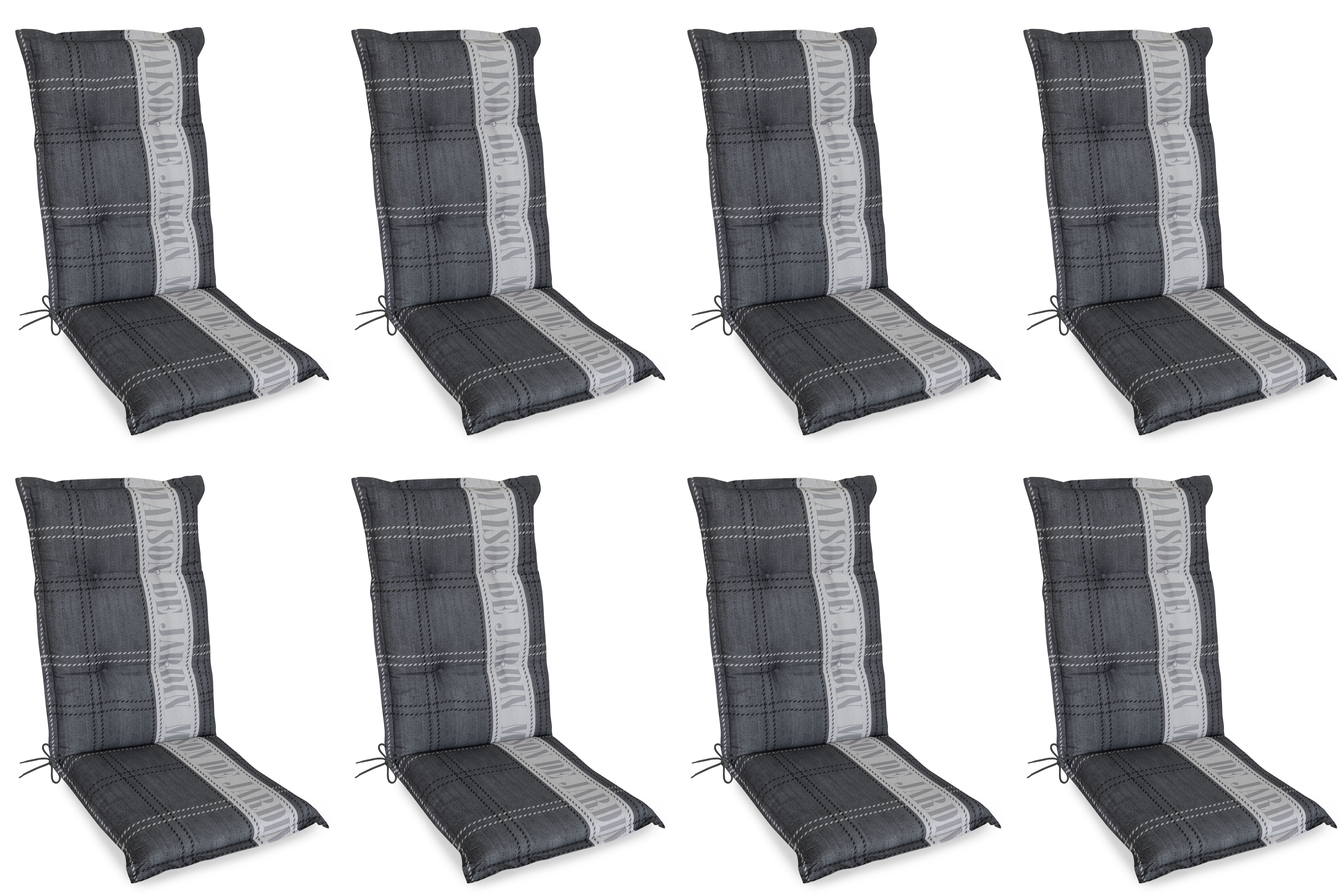 Gardissimo Hochlehnerauflage 8 er Set Maison Gartenstuhl Auflage Polsterauflage 8 cm dick, (Spar-Set, 8 St., 8 Auflagen), UV-beständig für Hochlehner-Stühle Rückenhaltebänder und Bindebänder