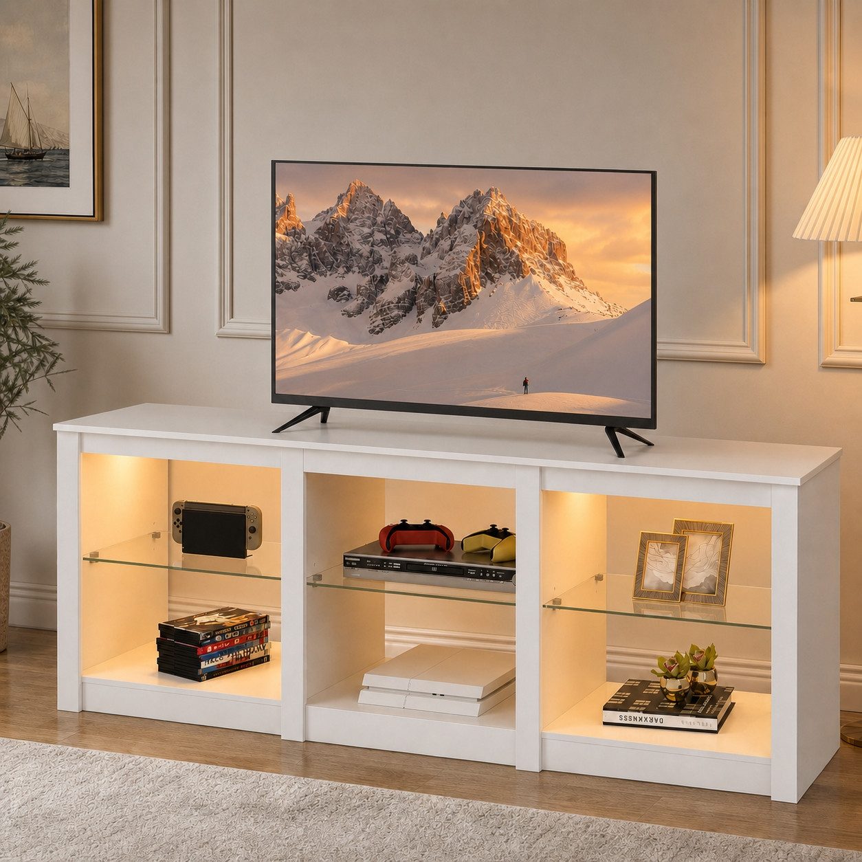 WLIVE Lowboard TV-Schrank mit RGB-LED (22 Modi), 3 offene Fächer & verstellbare (Länge 166 cm, Weiß, TV Board für 55/60/ 65/70/75/Zoll Fernseher), 166 x 39 x 56 – Bild 2 von 5