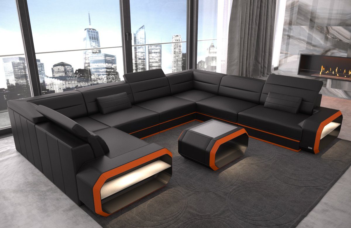Sofa Dreams Wohnlandschaft Leder Sofa Verona U Form Ledercouch Ledersofa, Couch, mit LED, wahlweise mit Bettfunktion als Schlafsofa, Designersofa