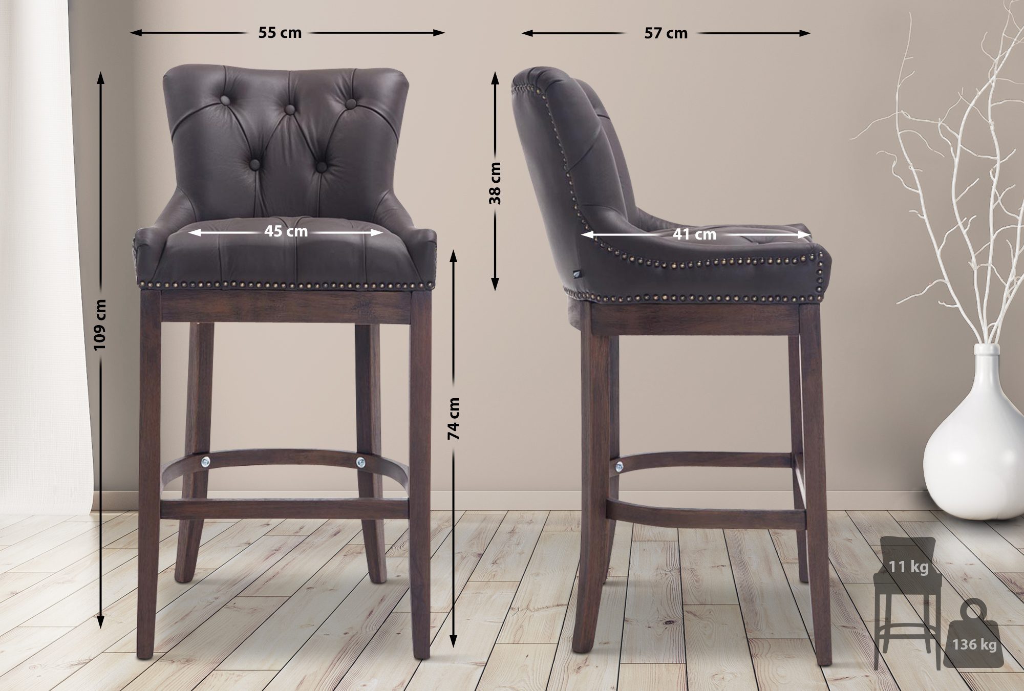 CLP Barhocker Lakewood Echtleder, gepolstert antik dunkel