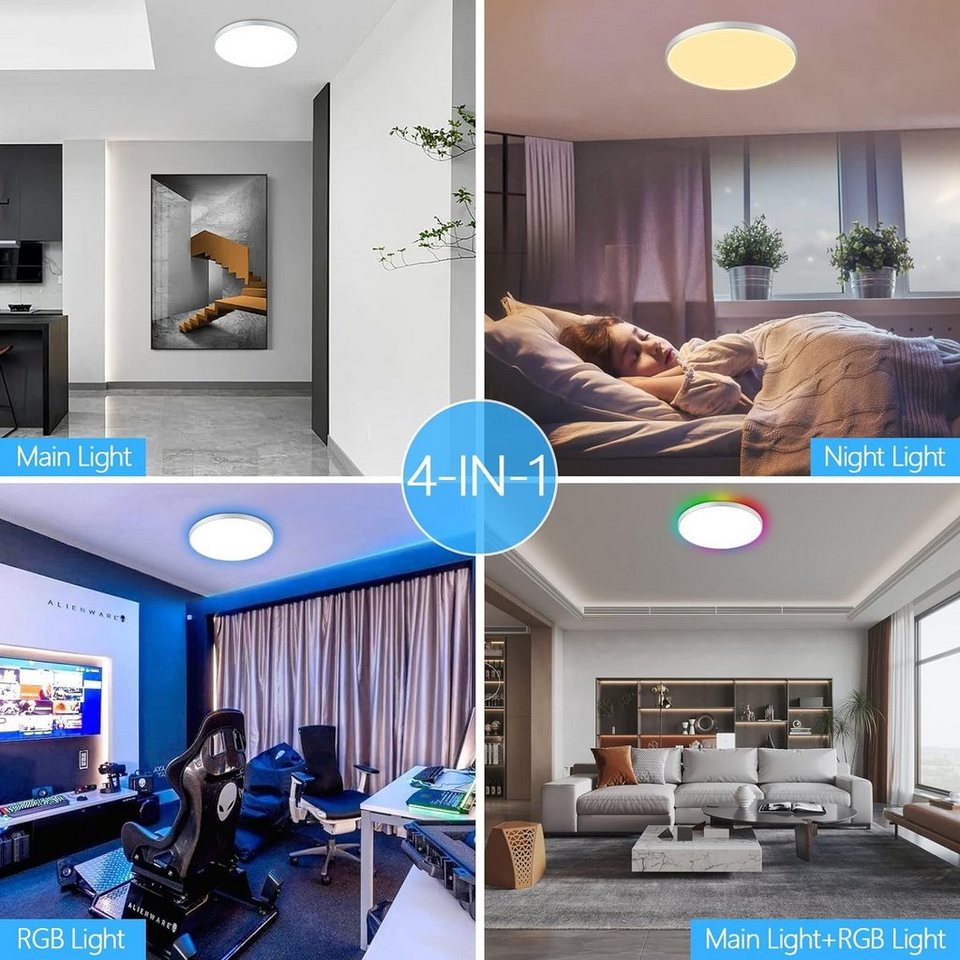 Diyarts LED Deckenleuchte, Farbwechsel, LED fest integriert,  Farbtemperatur, & RGB-Beleuchtung nach Wunsch, dimmbar, mit Fernbedienung