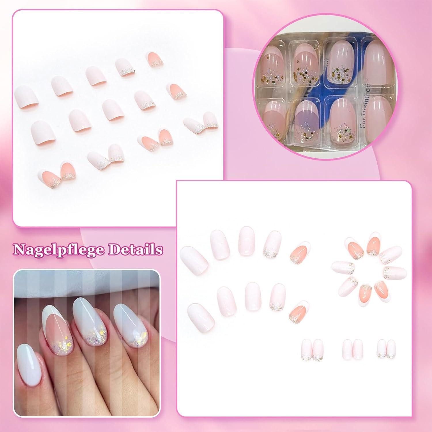 LuxusKollektion Kunstfingernägel Falsche Nägel 24 Stück Medium Almond Nagelkleber Glitzer Weiß Pink