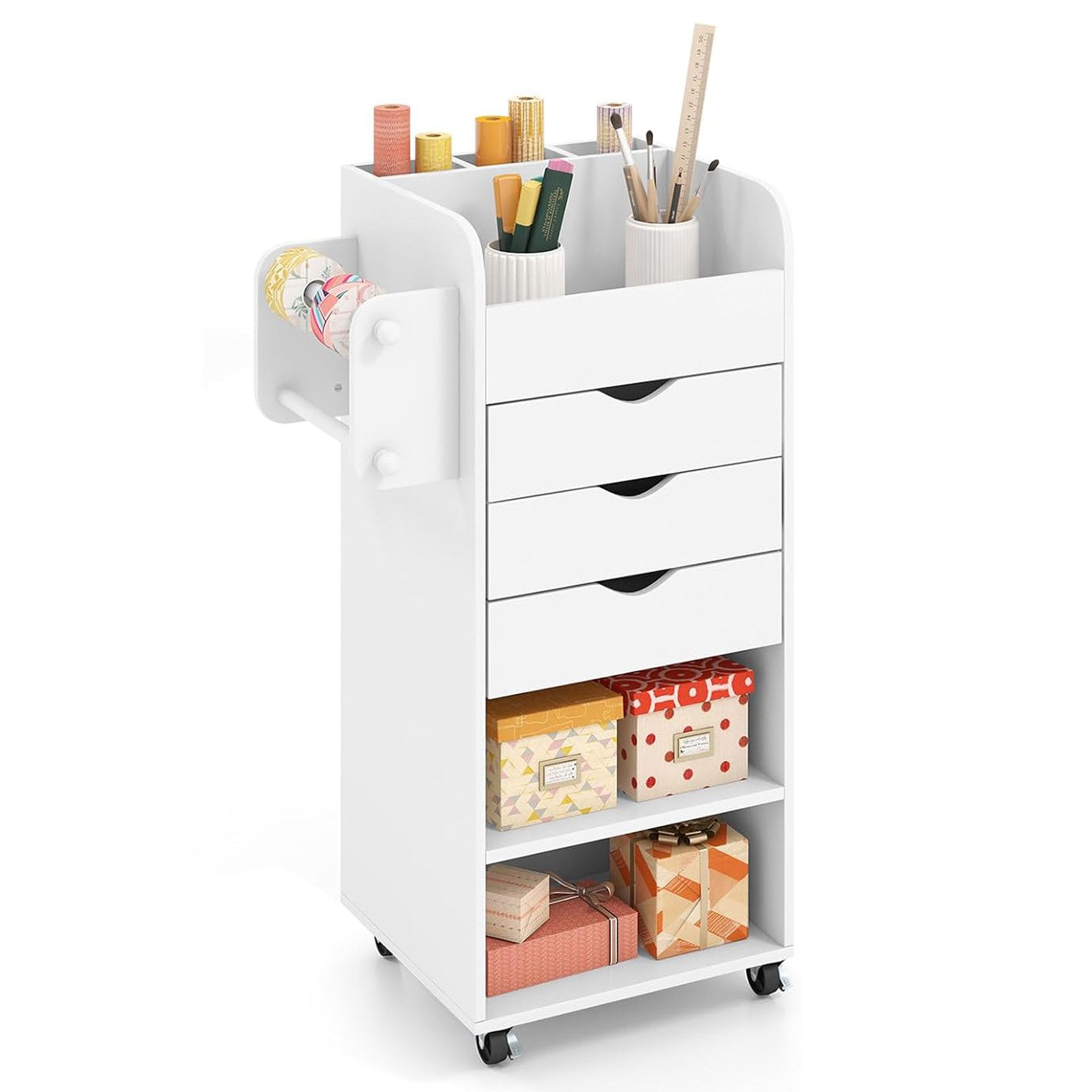 COSTWAY Rollcontainer, mit 3 Schubladen, Fächern Bastelwagen Holz weiß