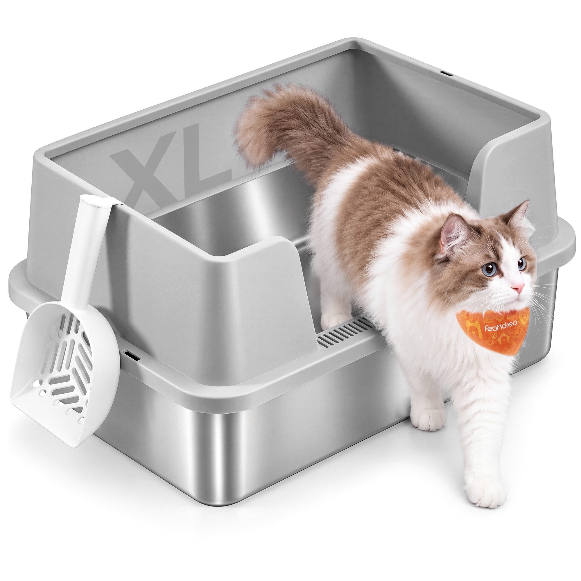 FEANDREA Katzentoilette Edelstahl Katzenklo, Hohem Rand, Katzenzubehör, Niedriger Einstieg, mit Streuschaufel