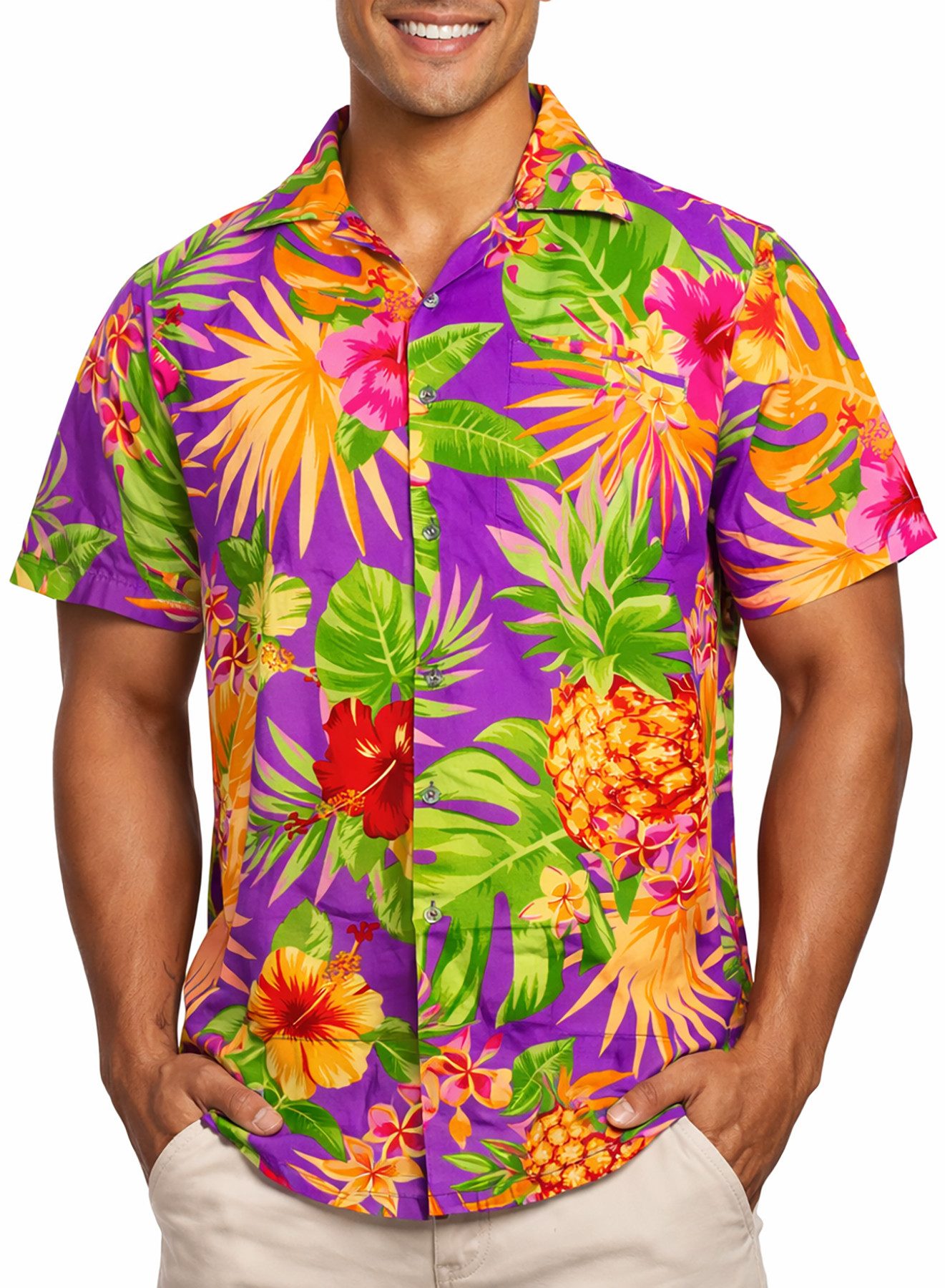 King Kameha Hawaiihemd "Pineapple" Funky Hawaii-Hemd Herren Kurzarm Front-Tasche Stylish