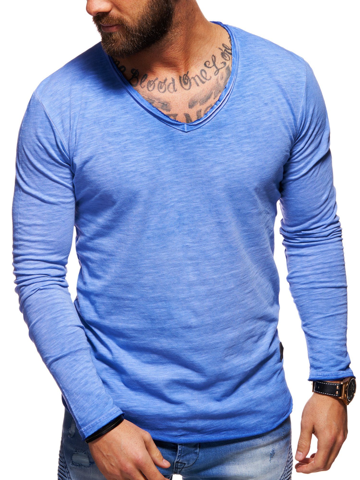 Style-Division Longsleeve SDJOLIET Basic V-Neck im Oversize-Look Blau-Washed