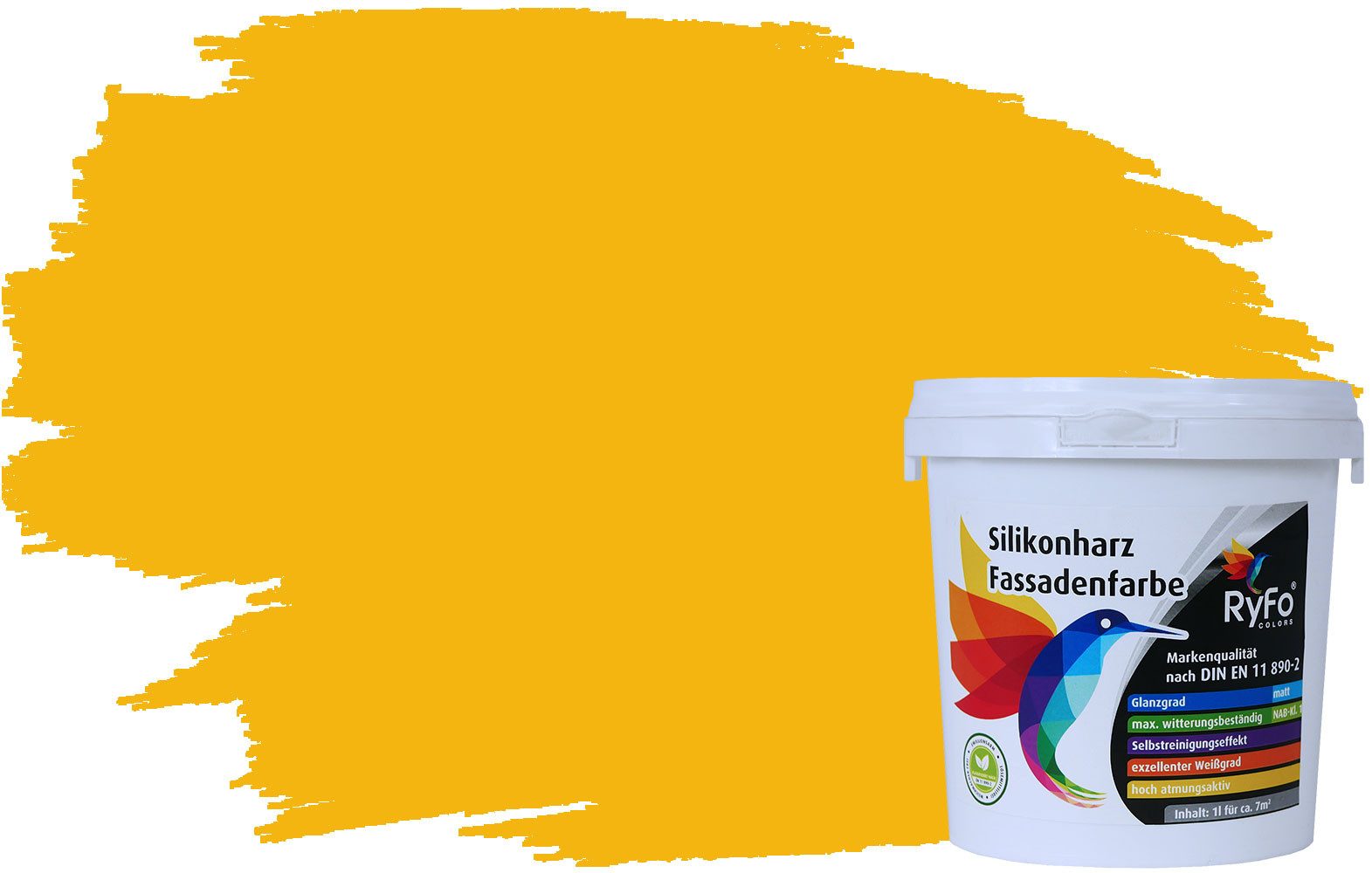 RyFo Colors Fassadenfarbe Silikonharz Fassadenfarbe Gelbtöne, 1 L ca. 6 m², Wasserabweisend, diffusionsfähig, schützt vor Schmutz, Algen, Pilzen