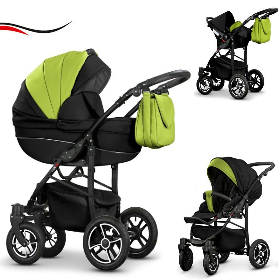 babies-on-wheels Kombi-Kinderwagen 3 in 1 Kinderwagen-Set Cosmo ECO - 16 Teile - in 29 Farben Schwarz-Grün Kunstleder
