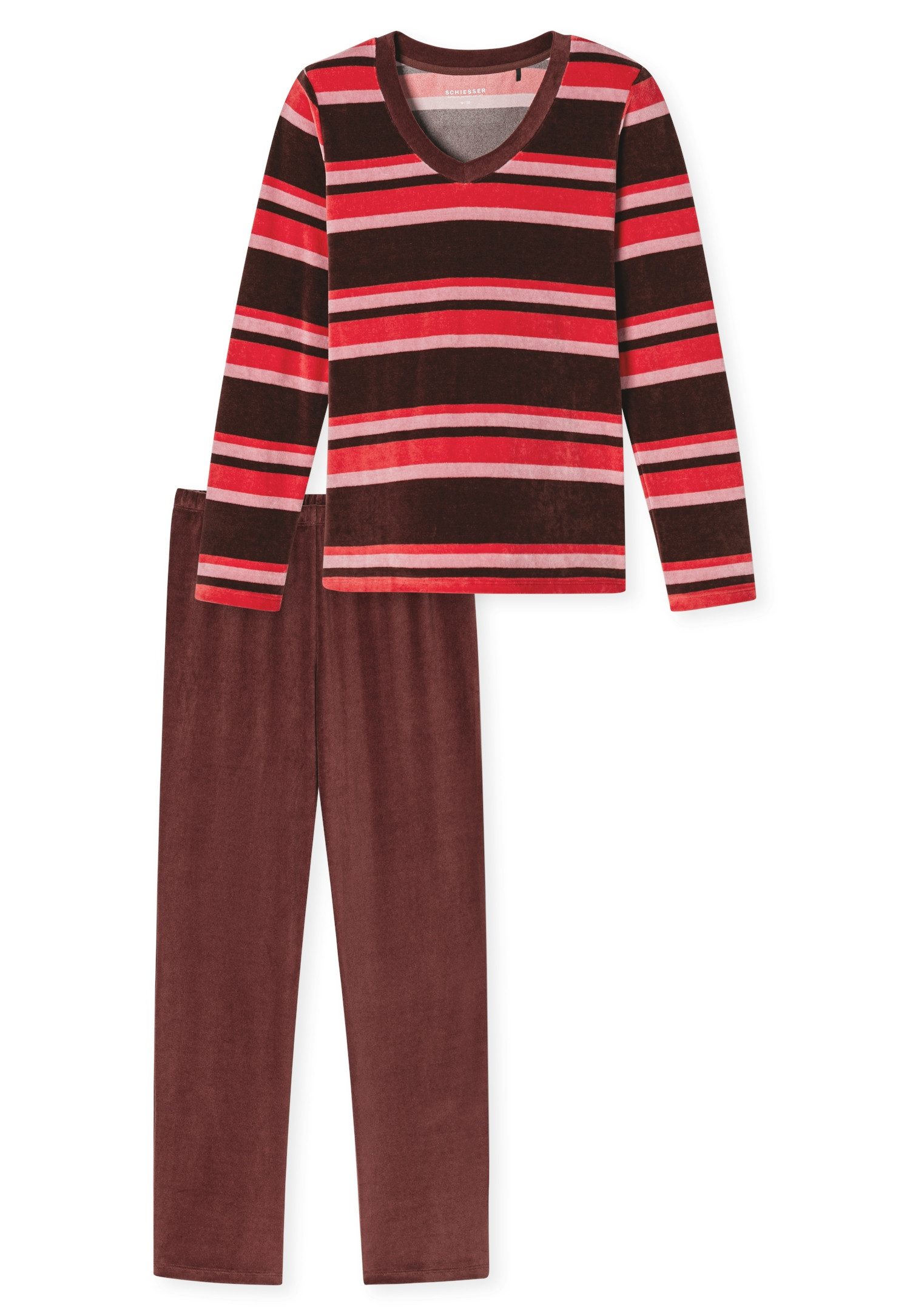 Schiesser Schlafanzug Comfort Nightwear (2 tlg) Baumwollmischung, V-Ausschnitt, langärmelig, Velour-Qualität
