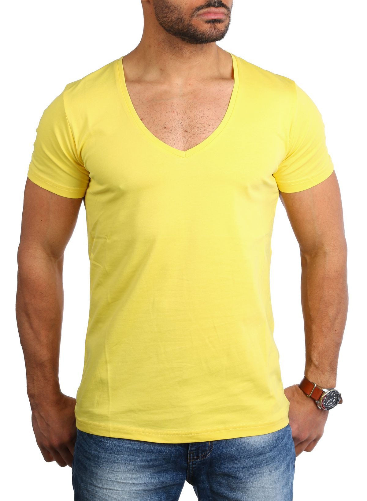 Young & Rich T-Shirt Herren Uni Basic extra tiefer Ausschnitt Unterziehshirt 1315 V-Ausschnitt unifarben kurzarm slim fit