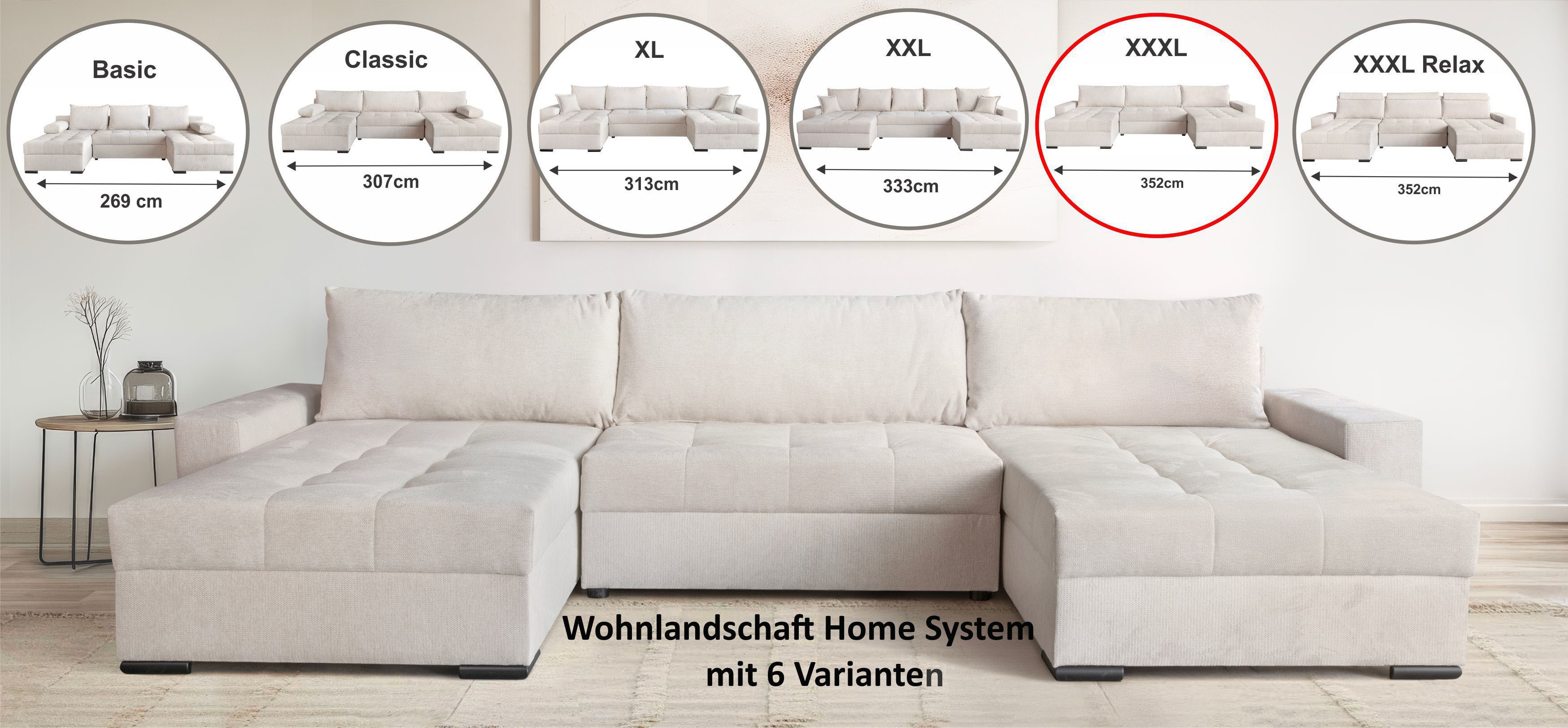 OTTO home Wohnlandschaft Home System U-Form, von B: 269-352 cm wählbar, 6 Varianten zur Auswahl, mit Bettfunktion, Bettkasten & Zierkissen, Federkern