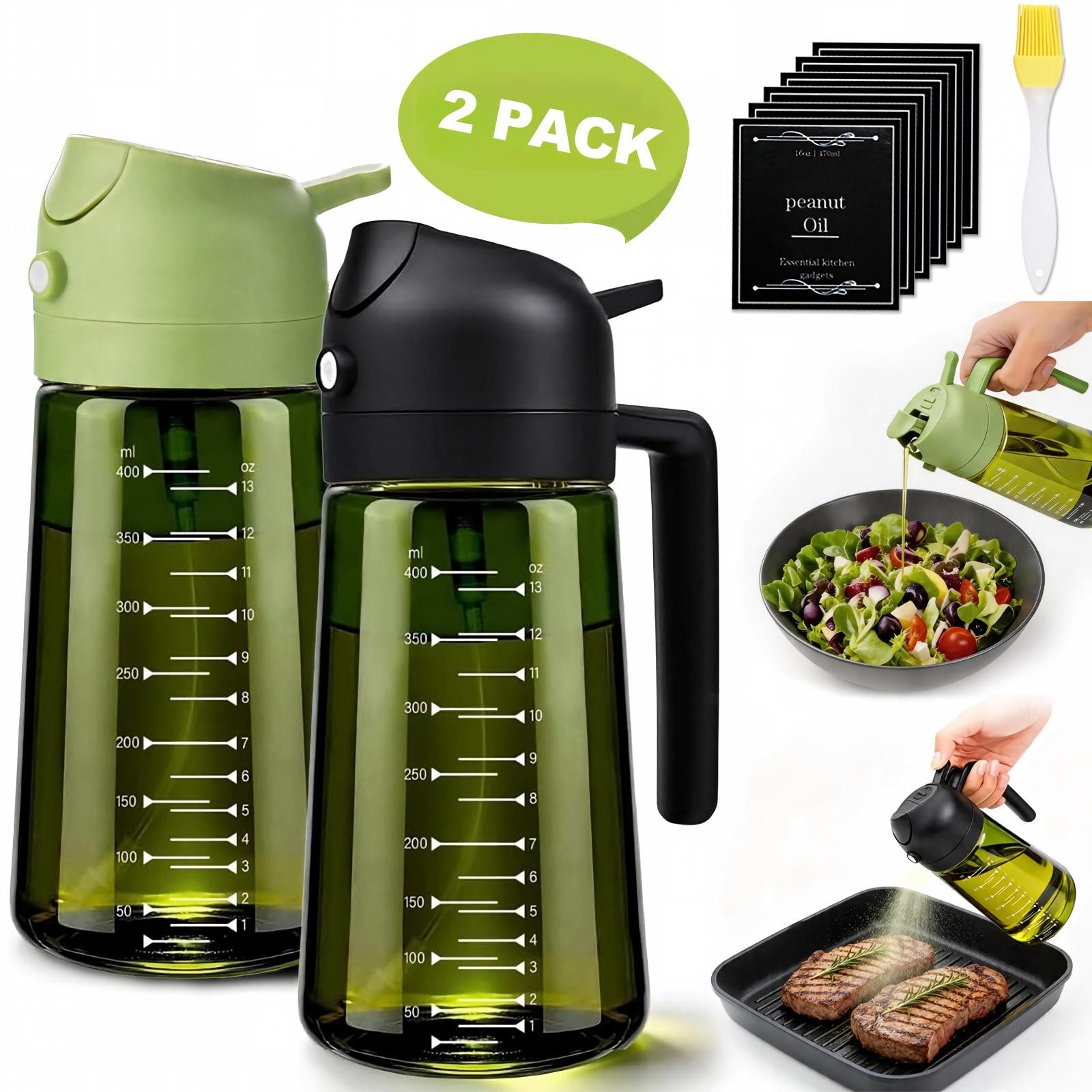 Kityhome Ölspender 2-in-1 Ölspender & Sprüher, 470ml, Glas, UV-Schutz, (2-tlg), Ölspender-Set,Sprühfunktion,Gießfunktion,470 ml *2